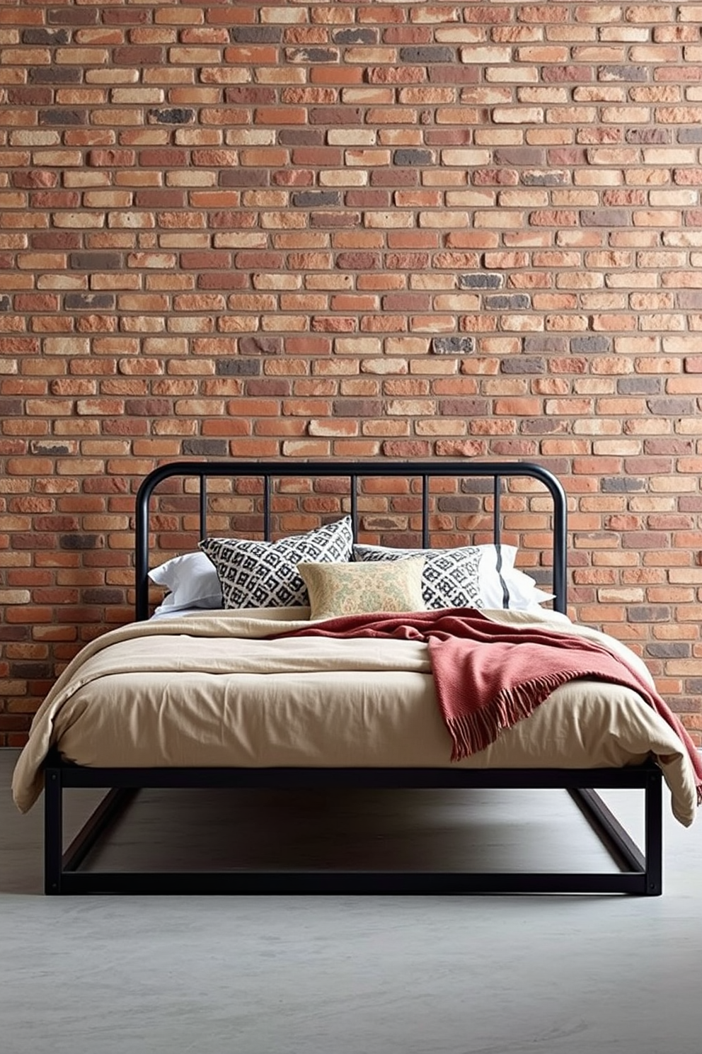 An industrial style bed frame is positioned against a rugged brick backdrop, showcasing the raw texture of the wall. The bedding features a mix of neutral tones and bold patterns, adding warmth and character to the space.