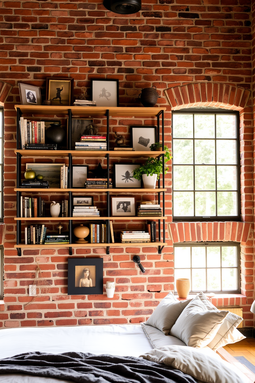 Open shelving displaying decorative items against a rustic brick wall creates a warm and inviting atmosphere. The shelves are filled with a curated selection of books, plants, and art pieces that reflect personal style. The bedroom features a cozy layout with a plush bed dressed in neutral linens. Large windows allow natural light to flood the space, highlighting the texture of the brick walls and the beauty of the decorative items on the shelves.