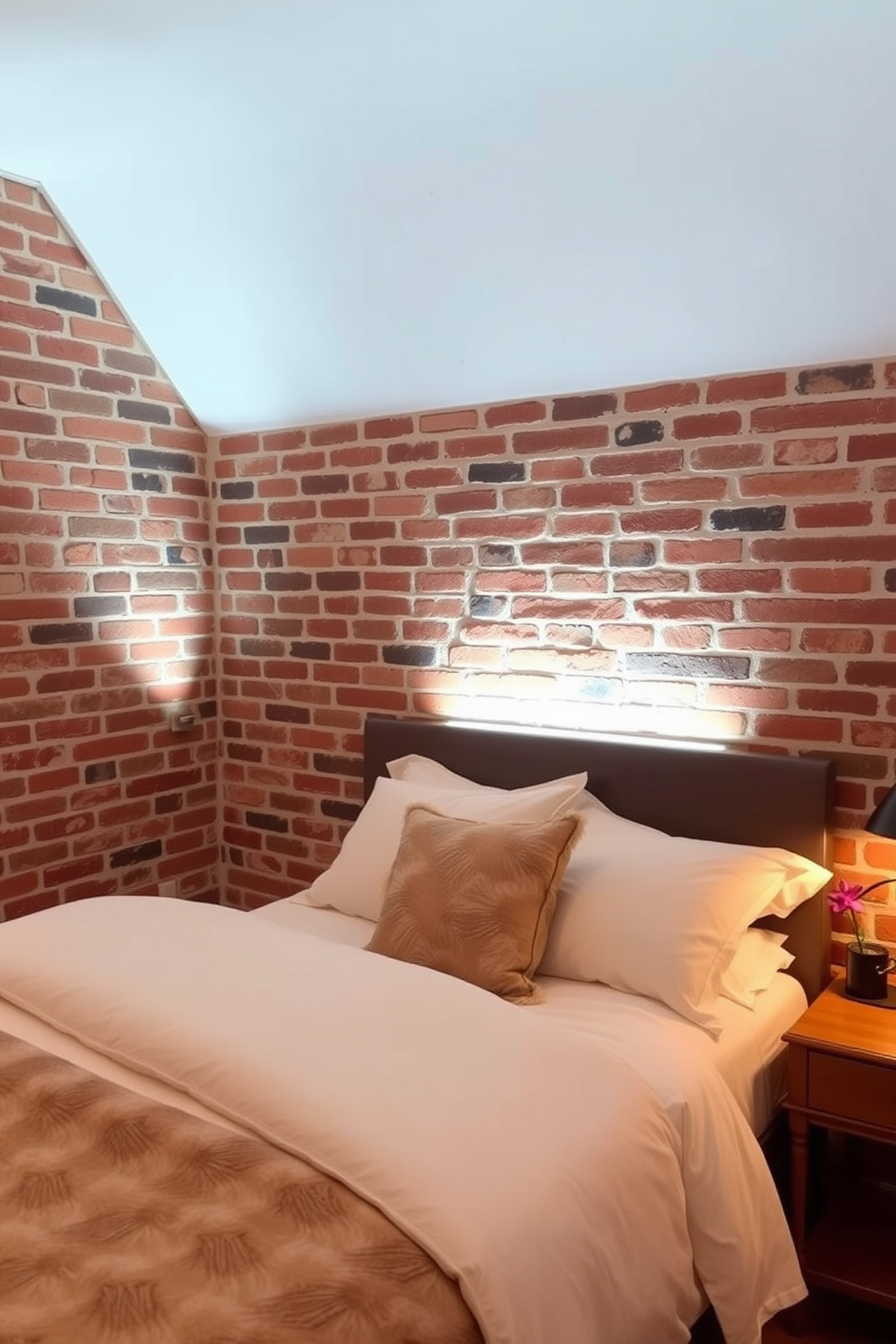 A cozy bedroom featuring a brick wall that adds warmth and character to the space. Soft lighting enhances the texture of the bricks, creating an inviting atmosphere. The room is furnished with a plush bed dressed in neutral linens and accented with colorful throw pillows. A stylish bedside table holds a modern lamp that complements the rustic charm of the brick wall.