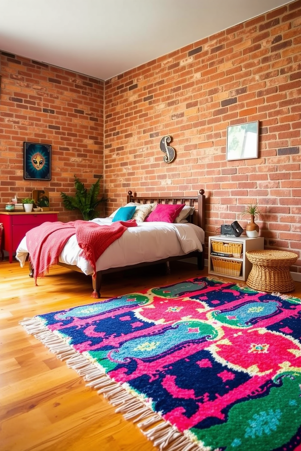 A cozy bedroom featuring a brick feature wall adorned with vintage artwork. The warm tones of the brick complement the soft bedding and rustic wooden furniture.