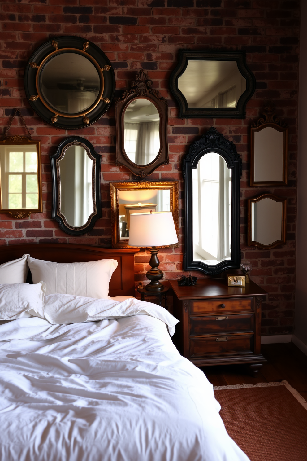 A cozy bedroom featuring a warm brick wall that adds texture and character to the space. The color palette consists of soft neutral tones that harmonize with the brick, creating a serene and inviting atmosphere. The room is adorned with a plush beige bedspread and fluffy white pillows that enhance the comfort. Natural light filters in through sheer curtains, illuminating the room and highlighting the rustic charm of the brick wall.