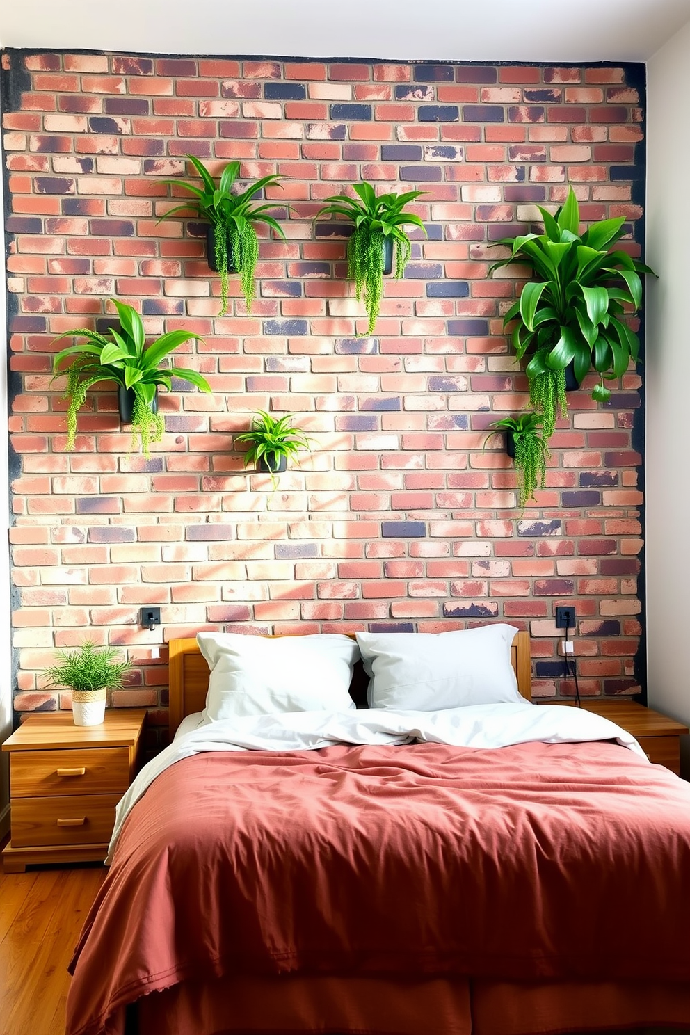 A cozy bedroom featuring a striking brick wall adorned with green plants that bring a refreshing touch of nature indoors. The room includes a plush bed with soft linens, complemented by wooden nightstands on either side, creating a warm and inviting atmosphere.