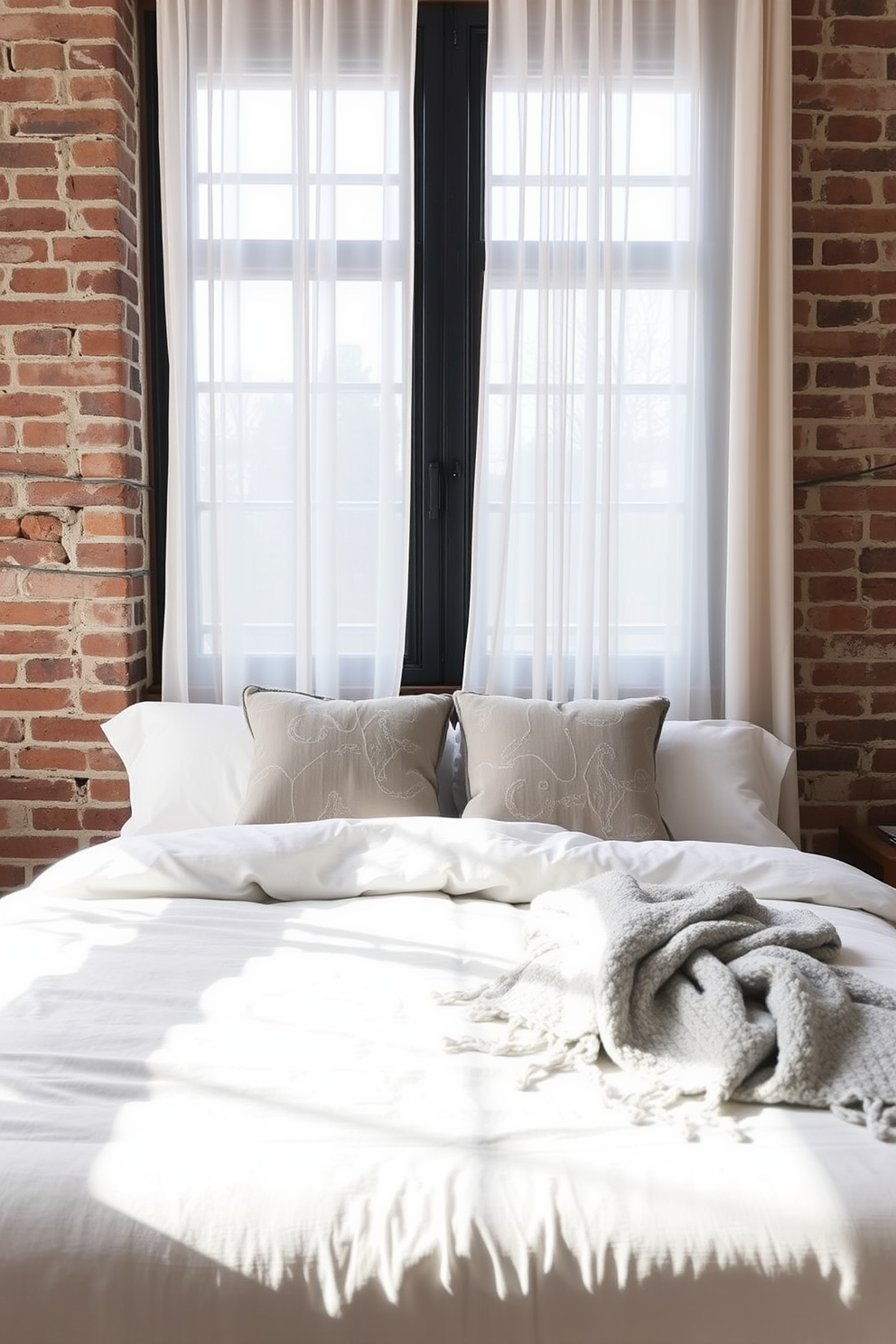 Neutral bedding for a calm brick room. The bed is dressed in soft white linens with a light gray throw blanket draped across the foot. A pair of plush pillows in muted tones adds texture to the bedding. Natural light filters through a sheer curtain, illuminating the warm tones of the exposed brick walls.