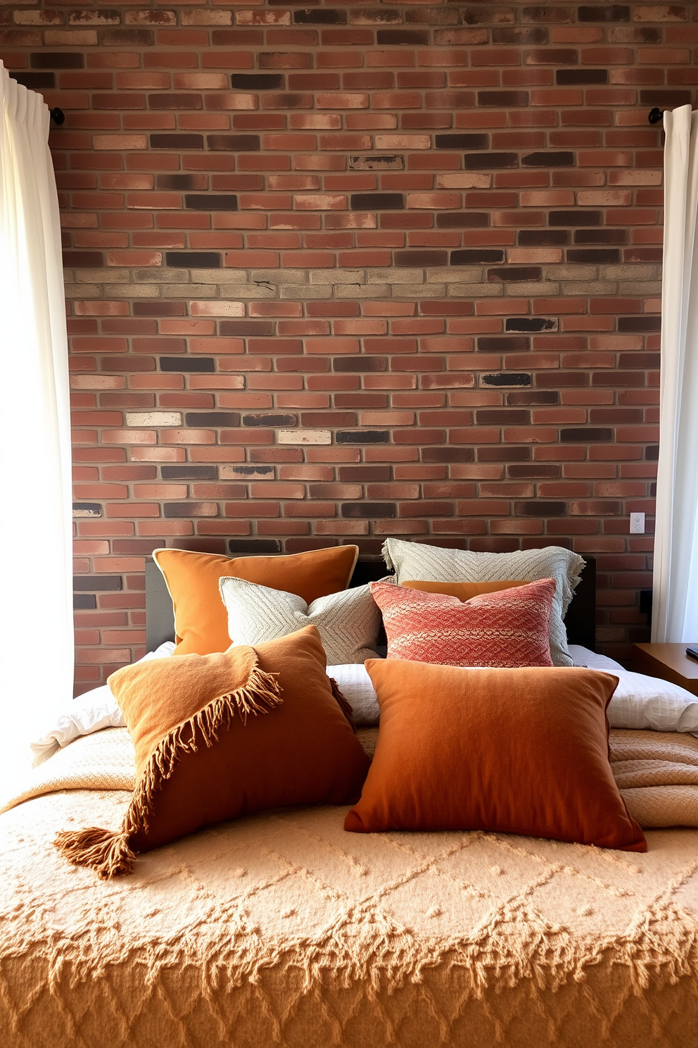 Layered textiles create a cozy atmosphere in a bedroom with a striking brick wall. Soft throws and plush cushions in warm tones are artfully arranged on a large bed, inviting relaxation and comfort. The brick wall serves as a bold backdrop, enhancing the rustic charm of the space. Natural light filters through sheer curtains, illuminating the textures and colors of the layered fabrics.