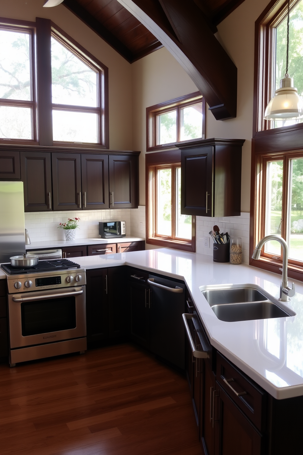 A warm and inviting kitchen featuring rich espresso cabinets that provide a striking contrast against the bright white countertops. The cabinetry is complemented by sleek stainless steel appliances and a stylish backsplash that ties the design together. Natural light floods the space through large windows, illuminating the rich wood tones and enhancing the cozy atmosphere. A large island in the center offers additional prep space and serves as a gathering spot for family and friends.