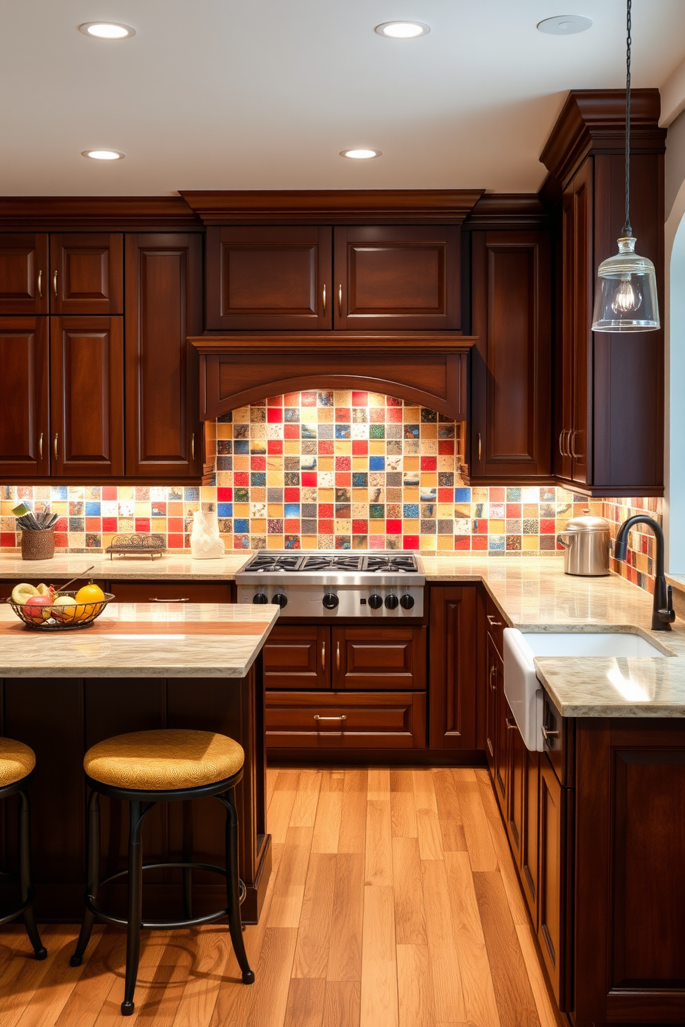 A warm and inviting kitchen featuring rich brown cabinets that provide a classic touch. The backsplash is adorned with vibrant, colorful tiles that add a playful contrast and enhance the overall aesthetic. The countertops are made of light-colored stone, complementing the dark wood of the cabinets. A spacious island in the center offers additional prep space and is topped with stylish bar stools for casual dining.