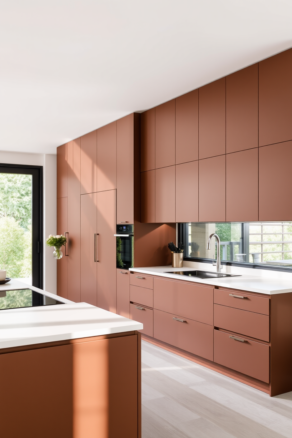 A modern kitchen featuring dark brown cabinetry that offers a rich and warm contrast to the stainless steel appliances. The countertops are sleek and polished, complementing the overall elegant aesthetic of the space.