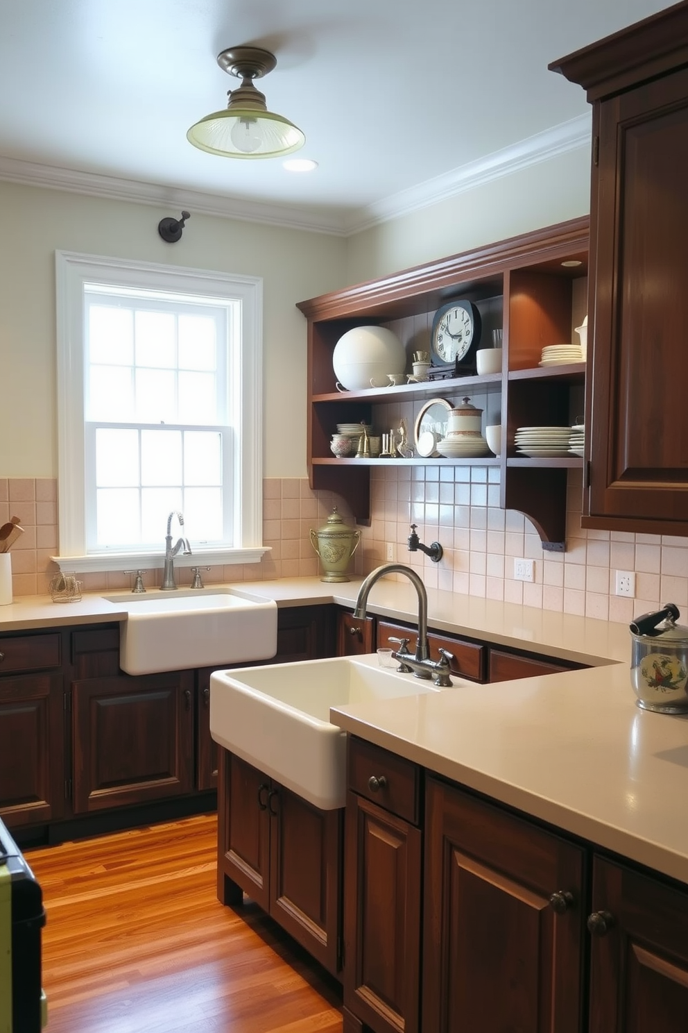 Antique brown cabinets with vintage fixtures create a warm and inviting atmosphere in the kitchen. The countertops are a rich cream color, complementing the rustic charm of the cabinetry. A farmhouse sink is centered beneath a window, allowing natural light to illuminate the space. Decorative open shelving showcases vintage dishware and adds a personal touch to the design.