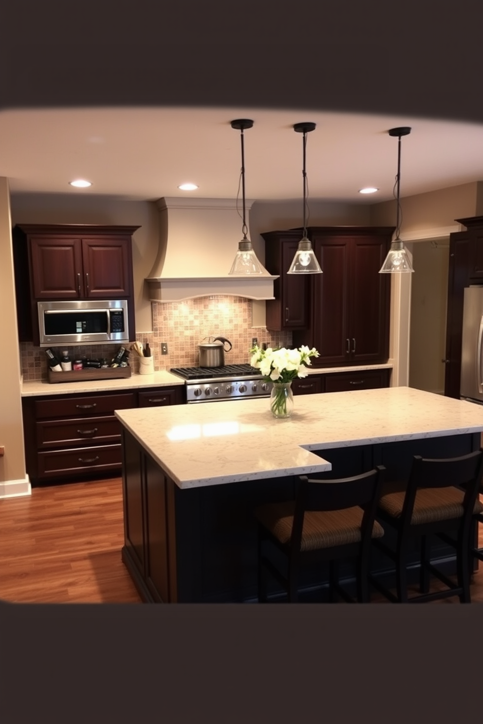 A cozy kitchen featuring earthy tones with warm brown cabinetry and natural wood accents. Lush green plants are strategically placed on the countertops and shelves, adding a refreshing touch to the space. The kitchen island is topped with a rustic wooden surface, complemented by stylish bar stools. Soft lighting illuminates the room, highlighting the rich textures and inviting atmosphere.