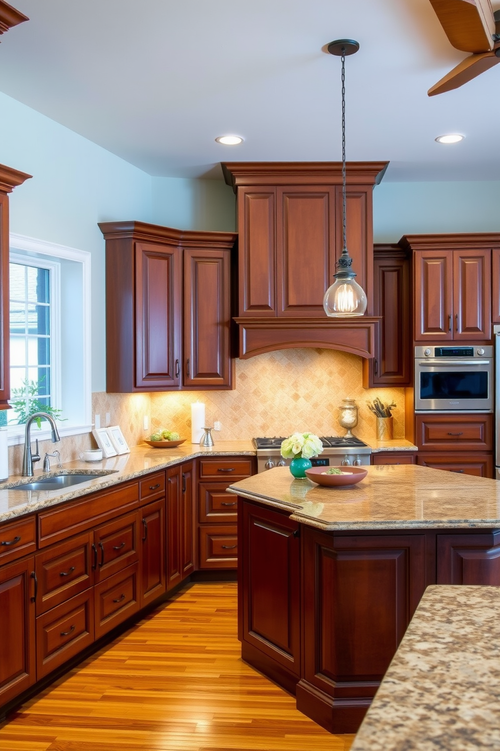 A warm and inviting kitchen features vintage brown cabinets with glass fronts that showcase elegant dishware. The countertops are a creamy white marble, and a classic farmhouse sink adds to the charm of this cozy space.