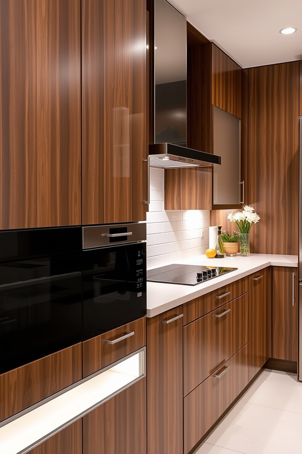 A modern kitchen featuring sleek brown cabinets with integrated lighting that enhances the rich wood tones. The countertops are a contrasting light stone, and the backsplash is a simple white tile that complements the overall design.