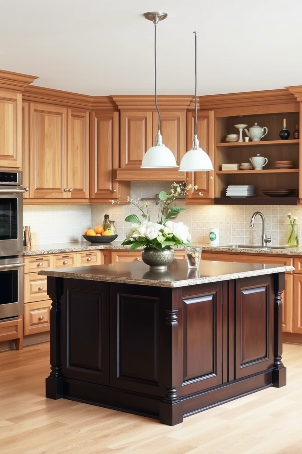 A cozy kitchen featuring a farmhouse sink made of white porcelain set against dark wood cabinetry. The space is illuminated by warm pendant lights hanging above a rustic wooden island, creating an inviting atmosphere.