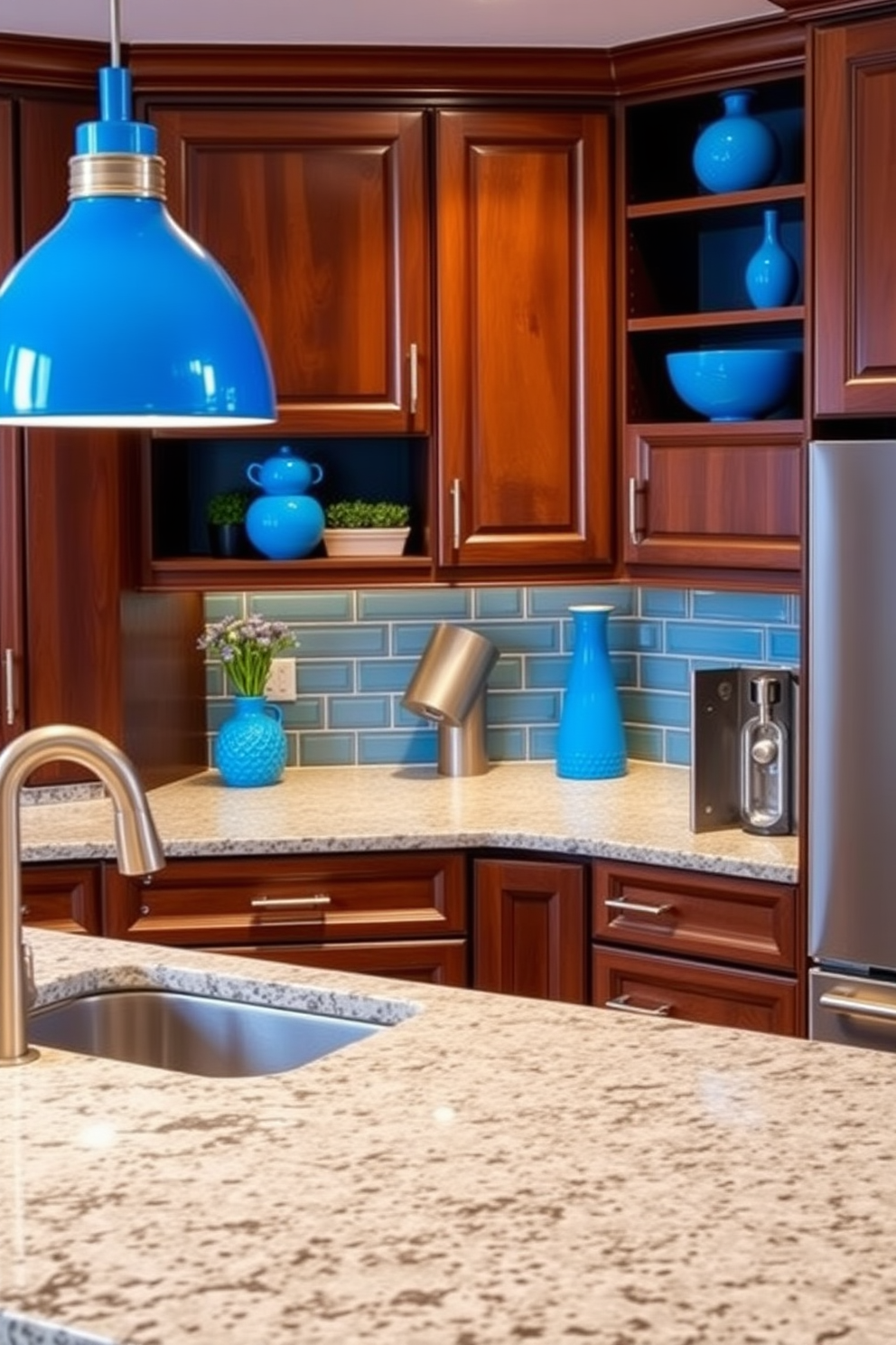 A warm and inviting kitchen features rich brown cabinets that exude elegance and warmth. Bright blue accents are strategically placed throughout the space, adding a vibrant contrast that energizes the overall design. The countertops are a light granite that complements the dark cabinetry, while modern stainless steel appliances enhance the functionality of the kitchen. A stylish backsplash in a subtle blue hue ties the design together, creating a cohesive and visually appealing environment.