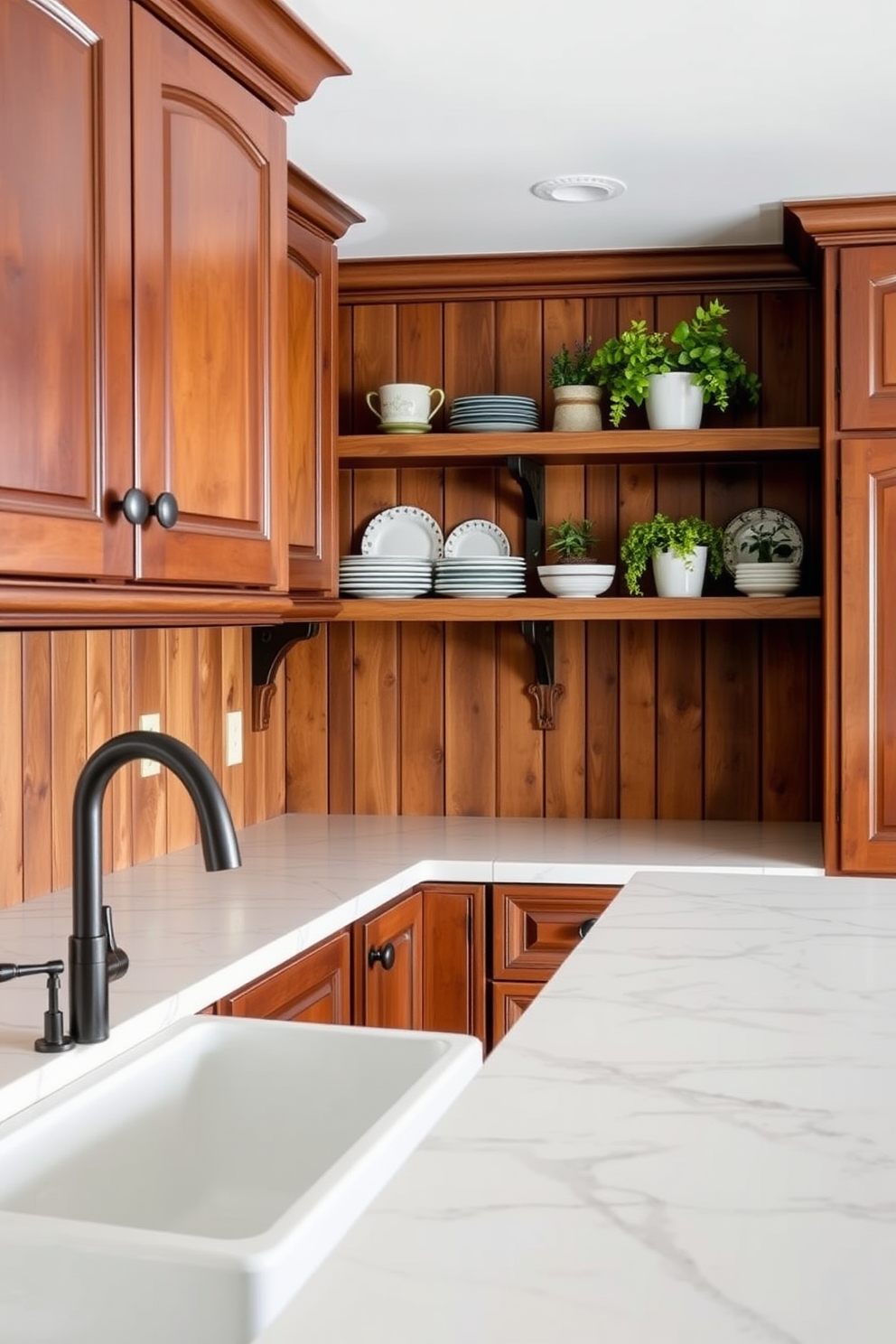 A cozy farmhouse kitchen featuring rich brown cabinets with a classic apron sink. The countertops are adorned with white marble, and rustic wooden shelves display charming dishware and plants.