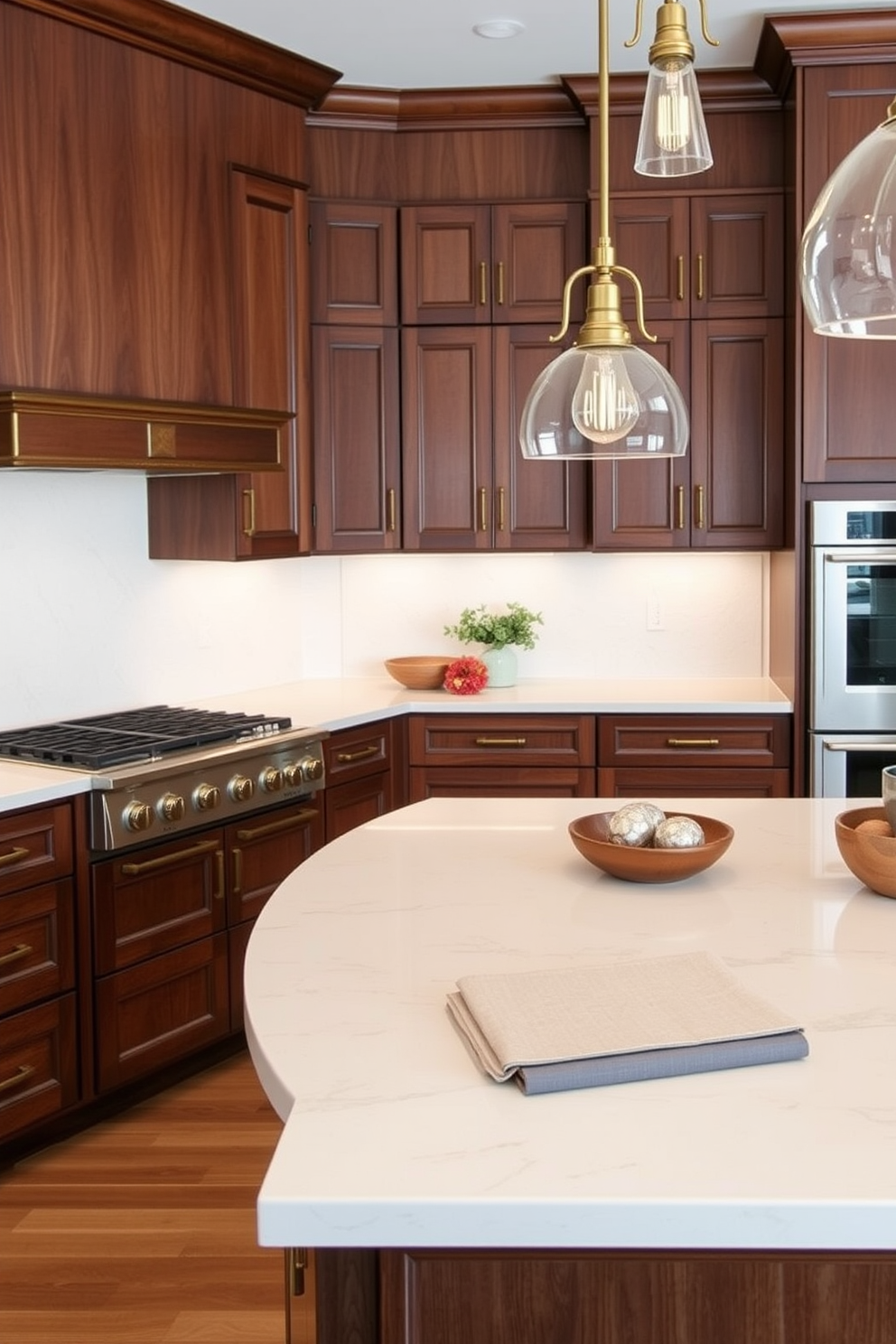 Warm walnut cabinets with gold accents create a rich and inviting atmosphere in the kitchen. The elegant combination of dark wood and metallic highlights enhances the overall sophistication of the space. The countertops are a light cream color, providing a beautiful contrast to the deep tones of the cabinetry. Stylish pendant lights hang above the kitchen island, adding both functionality and charm to the design.