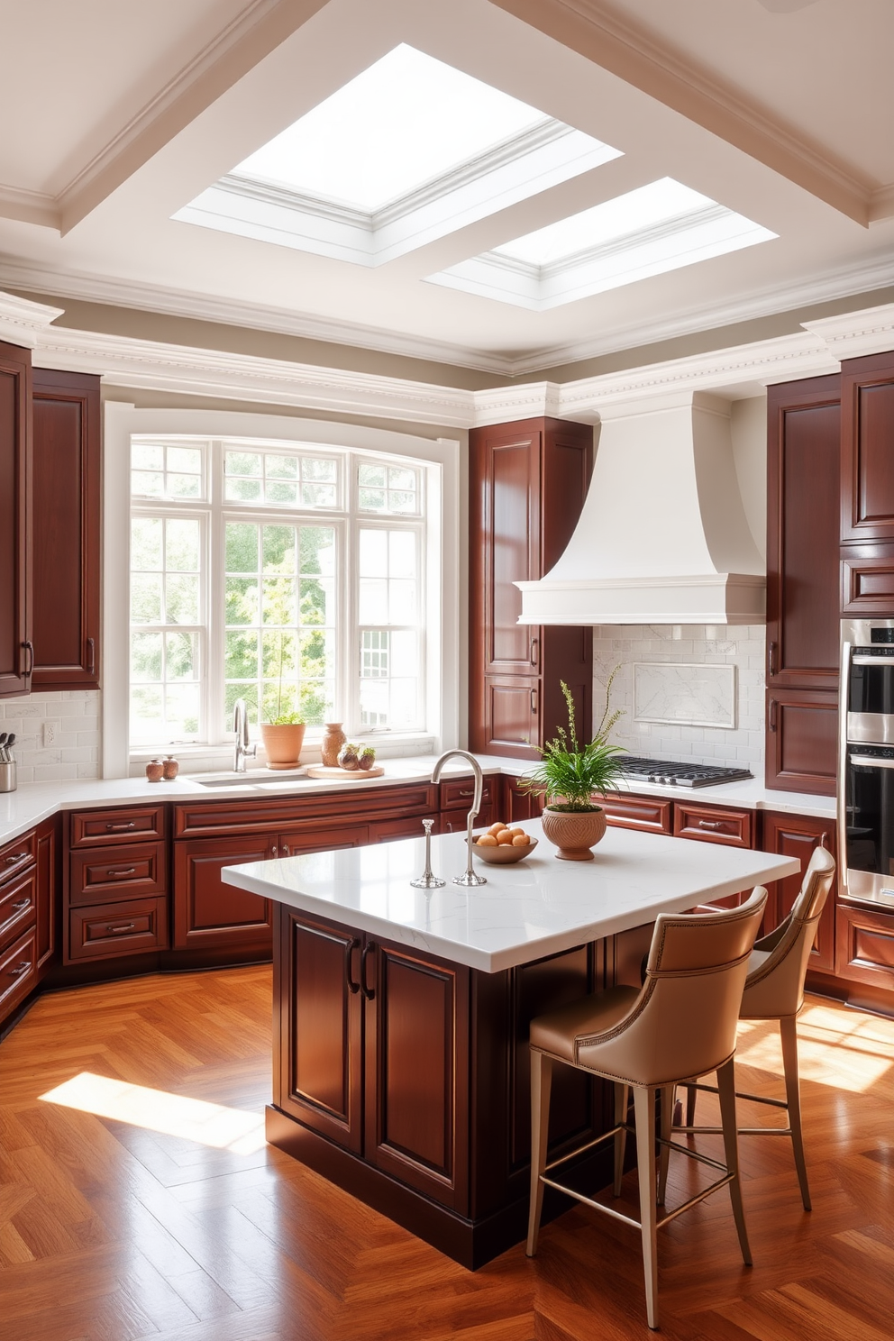 Rich chocolate cabinets with bright white trim create a striking contrast that enhances the warmth of the kitchen. The space features a large island with a white marble countertop, complemented by elegant bar stools for casual dining. Natural light floods in through large windows, illuminating the rich tones of the cabinetry. Decorative elements like potted herbs and stylish cookware add a personal touch to the inviting atmosphere.