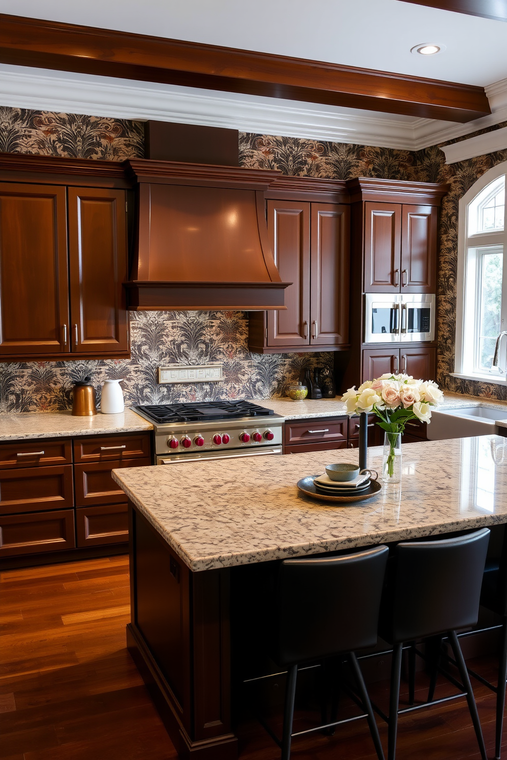 A warm and inviting kitchen featuring rich brown cabinets that provide a solid and sophisticated base. The walls are adorned with bold patterned wallpaper that adds a vibrant touch and creates a striking contrast against the cabinetry. The countertops are a light granite, complementing the deep tones of the cabinets. A spacious island in the center offers additional workspace and is surrounded by stylish bar stools for casual dining.