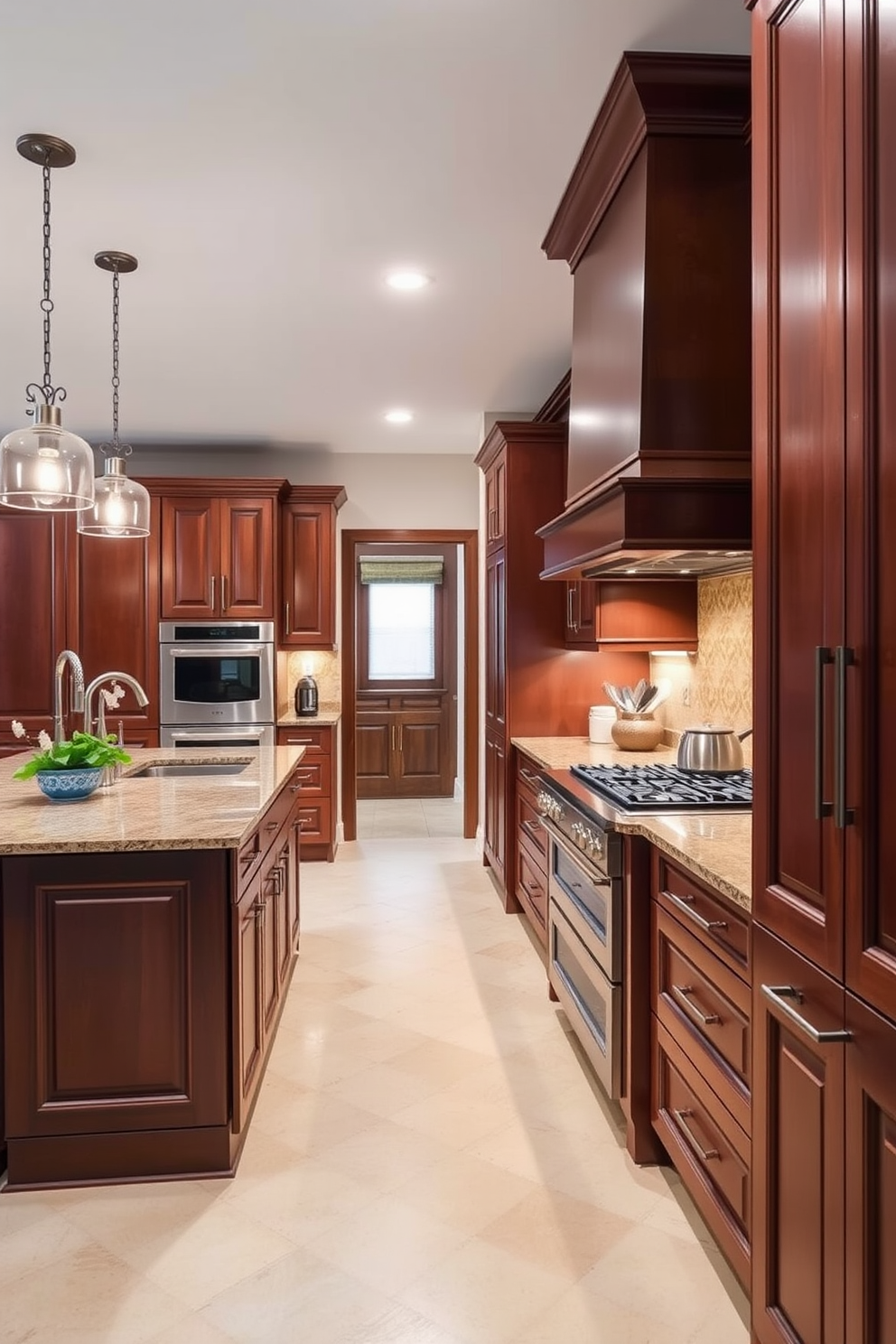 A warm and inviting kitchen features rich brown cabinetry that seamlessly integrates into an open concept layout. The space is designed for both functionality and aesthetics, with a large island providing ample workspace and seating for casual dining.