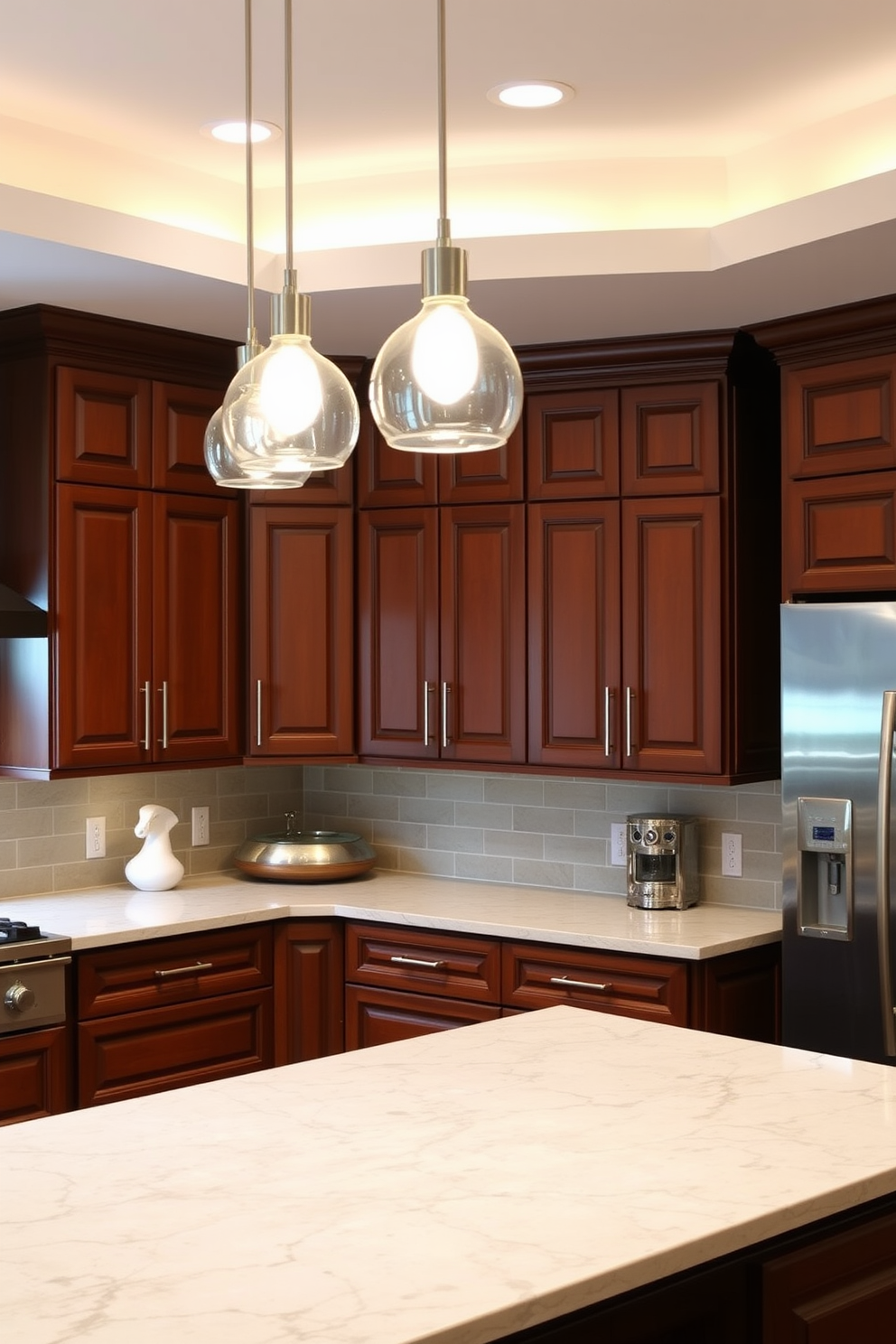 Elegant brown cabinets with sleek handles create a warm and inviting atmosphere. Pendant lighting hangs gracefully above the kitchen island, illuminating the space with a soft glow. The countertops feature a subtle marbled finish that complements the rich tones of the cabinetry. A stylish backsplash in a complementary color adds a touch of sophistication to the overall design.