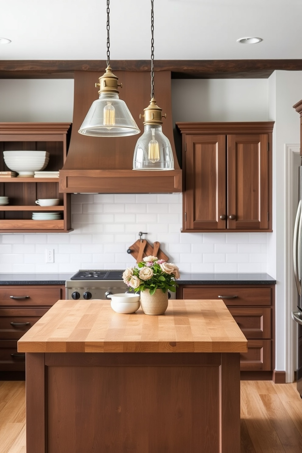 An elegant kitchen featuring rich brown tones complemented by brass fixtures. The cabinetry is a deep chocolate brown, with brass handles that add a touch of sophistication. The countertops are a lighter shade of brown, providing contrast and warmth to the space. A large island in the center showcases a beautiful brass faucet and is adorned with fresh fruit for a pop of color.