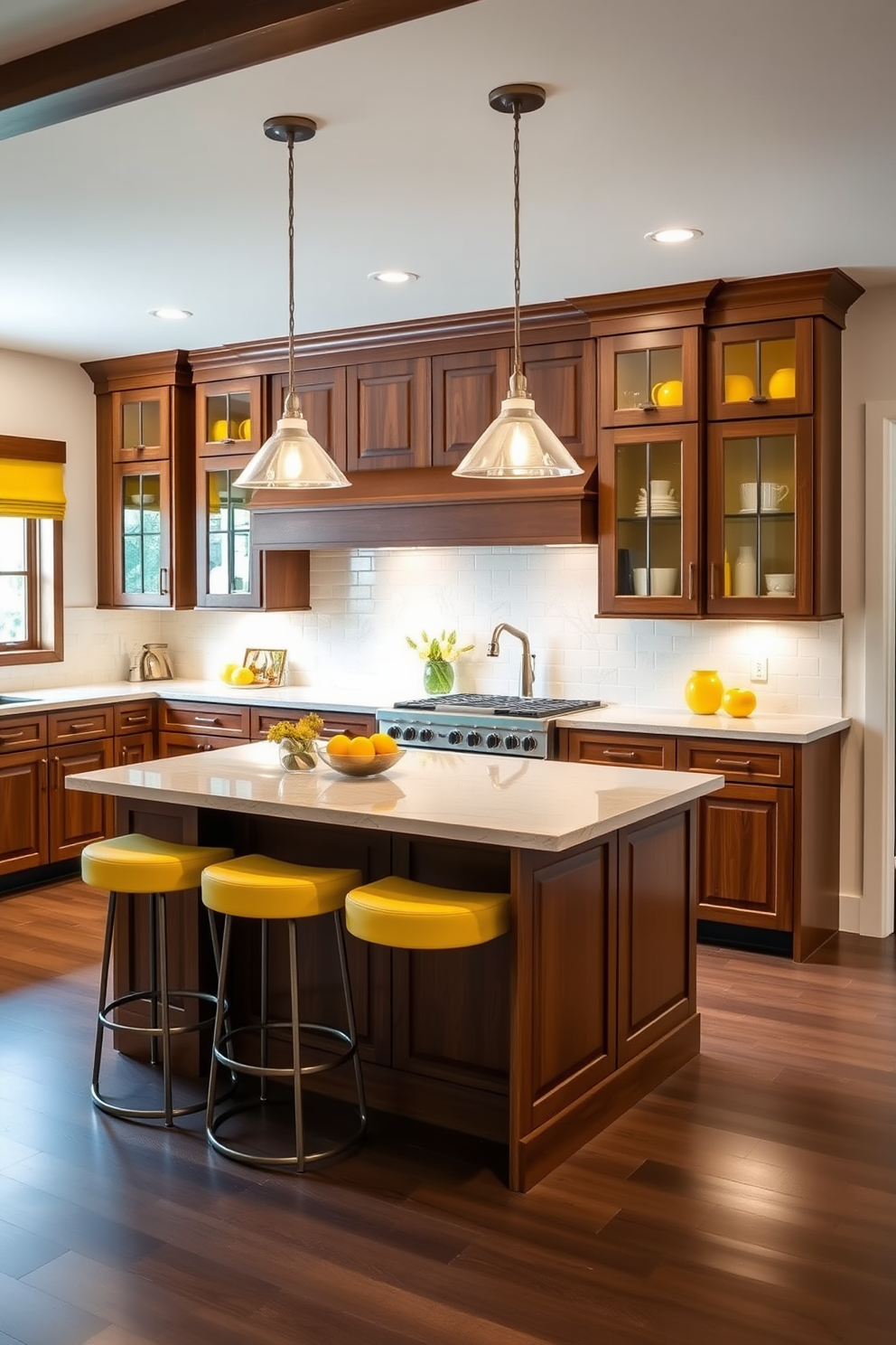 A warm and inviting kitchen featuring walnut cabinets adorned with bright yellow accents. The countertops are a rich cream color, complementing the warm tones of the wood and adding brightness to the space. The kitchen island is central to the design, with bar stools that echo the yellow accents. Soft lighting fixtures hang above, creating a cozy atmosphere for cooking and entertaining.