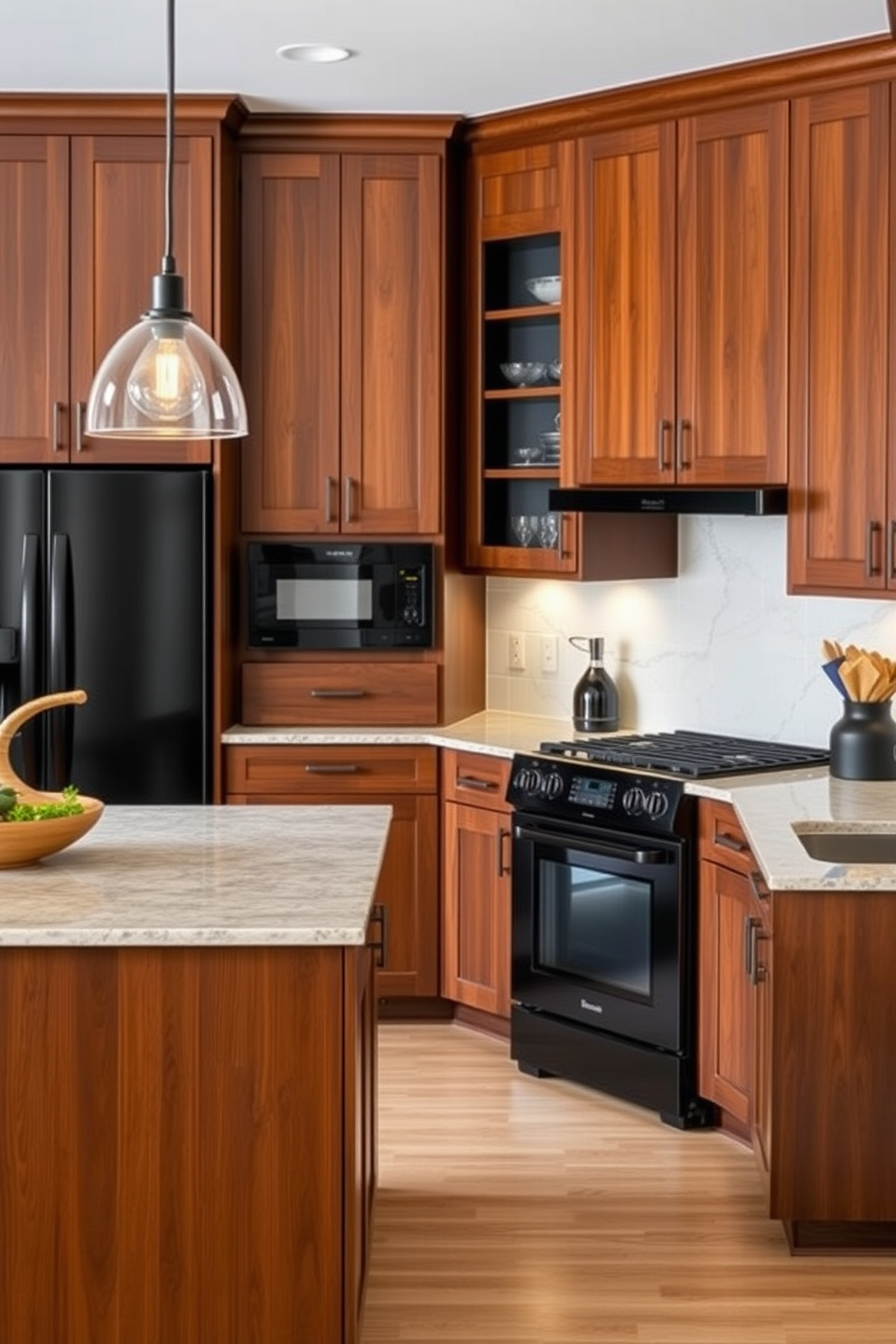 A stylish kitchen featuring rich brown cabinets paired with sleek black appliances. The warm wood tones of the cabinetry create a cozy atmosphere while the modern black finishes add a touch of sophistication. The countertops are a light granite that complements the dark elements, providing balance to the design. Pendant lights with a contemporary design hang above the island, illuminating the space beautifully.