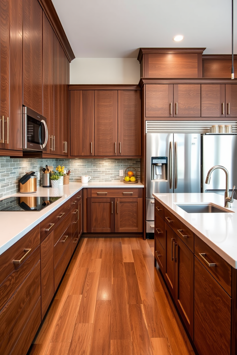 A luxurious kitchen featuring rich brown finishes and textured fabrics. The cabinetry is a deep chocolate brown with a glossy finish, complemented by a warm wooden island topped with a textured stone surface. Soft, plush bar stools with a fabric upholstery invite comfort while maintaining elegance. The backsplash is a mix of mosaic tiles in earthy tones, enhancing the overall warmth of the space.