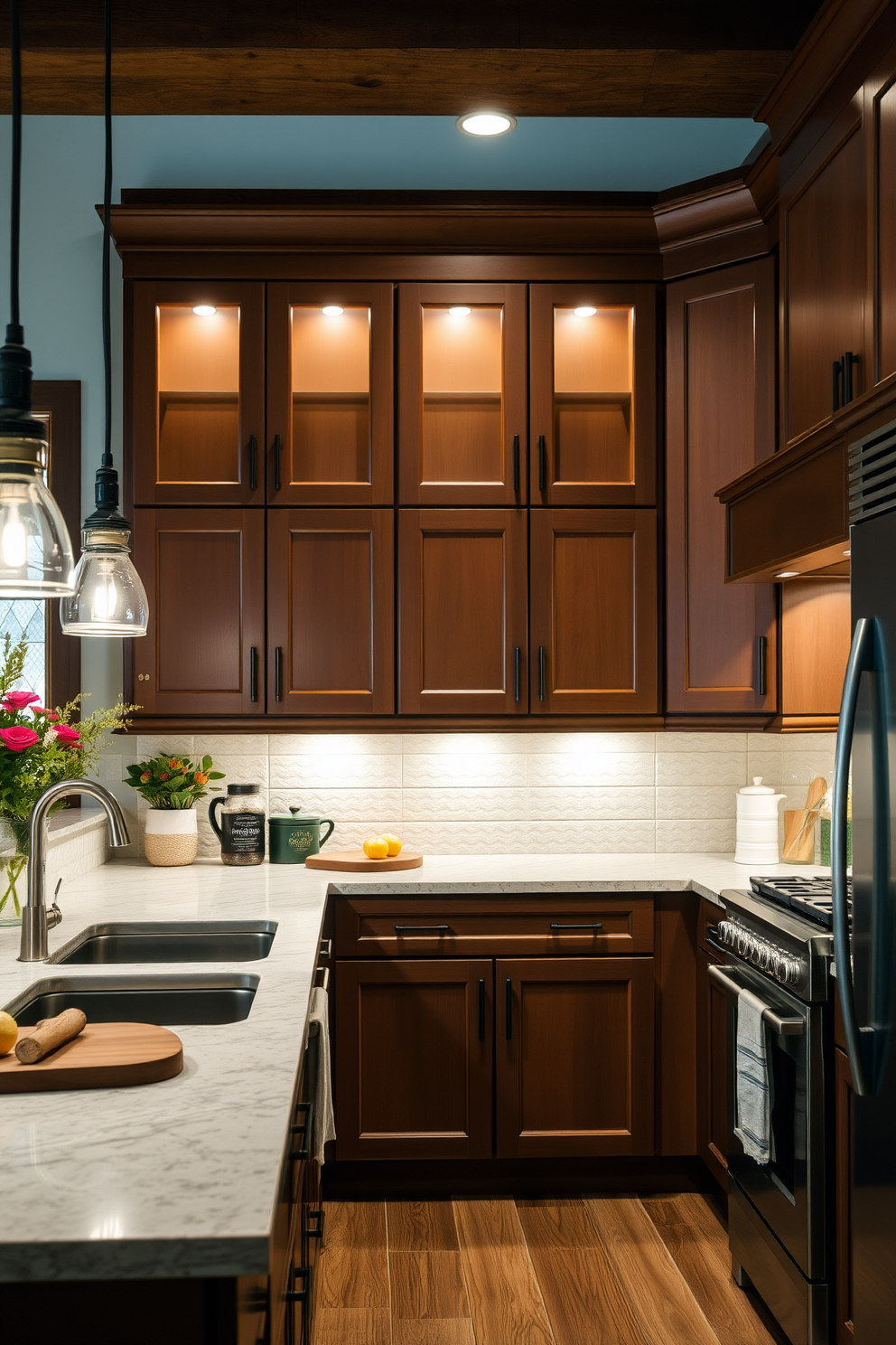 A warm and inviting kitchen featuring rich brown cabinets that are enhanced by soft under-cabinet lighting. The space is designed with a mix of modern and rustic elements, creating a harmonious atmosphere for cooking and entertaining.