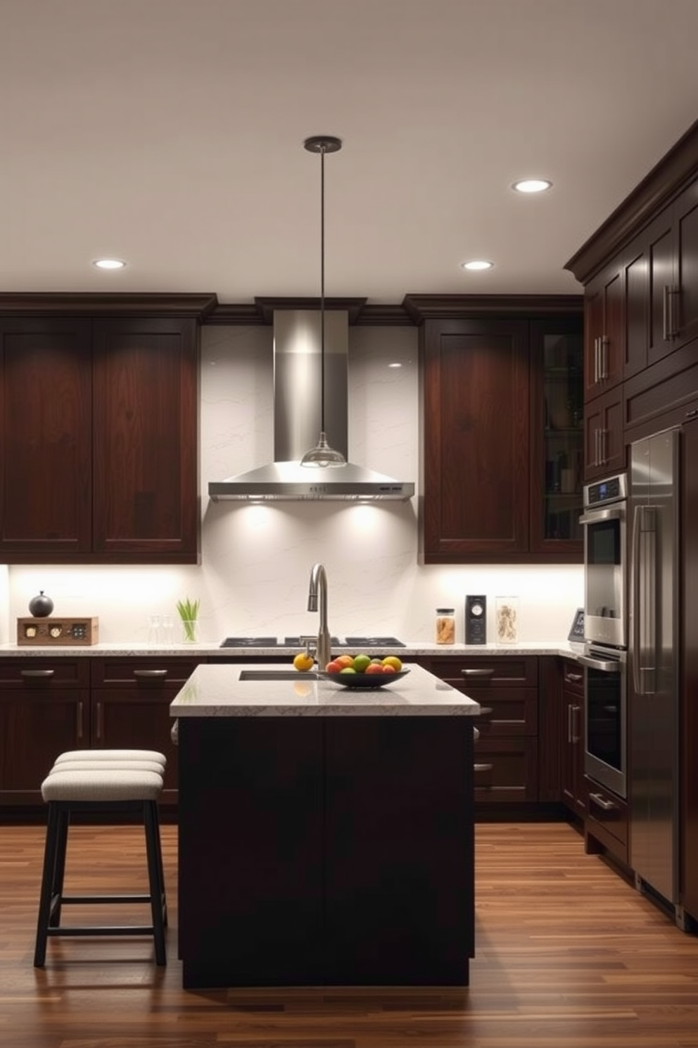 A dark brown kitchen island serves as the focal point of the space, featuring a sleek and contrasting white backsplash that adds visual interest. The cabinetry complements the island with rich brown tones, while modern appliances are seamlessly integrated into the design for a cohesive look.