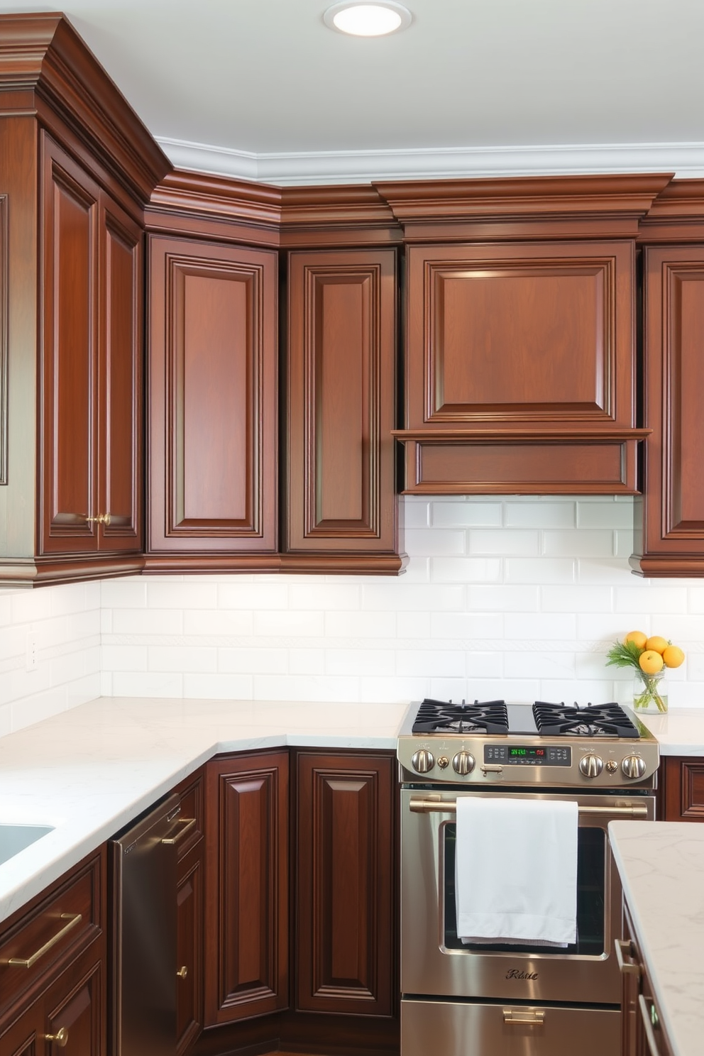 Classic brown cabinets with intricate moldings create a warm and inviting atmosphere in the kitchen. The rich wood tones are complemented by a stylish backsplash featuring white subway tiles and brass accents.