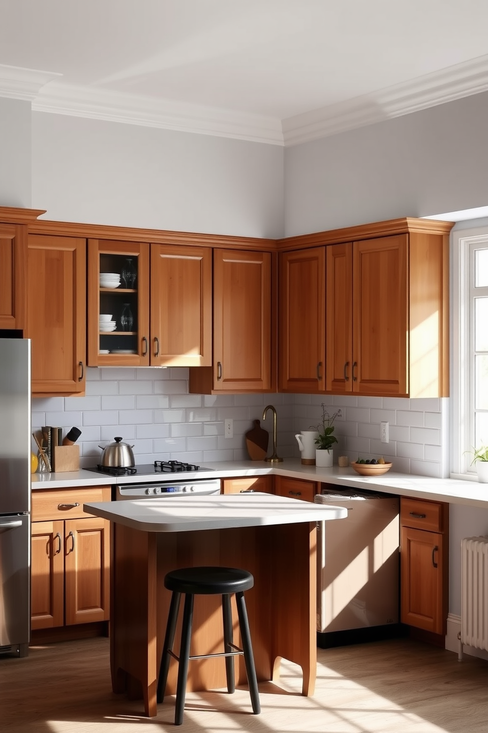 A cozy kitchen featuring light brown cabinets that complement the soft gray walls. The space is illuminated by natural light streaming through a large window, highlighting the warm tones of the cabinetry and the sleek countertops.