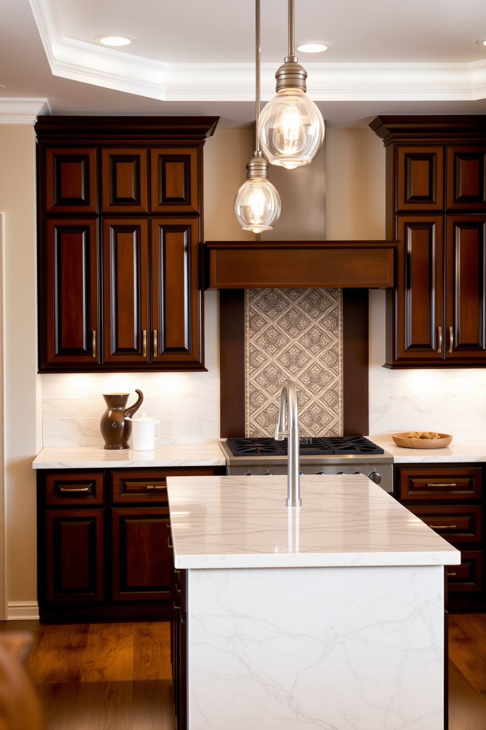 A warm and inviting kitchen featuring chocolate brown cabinets that provide a rich contrast against the elegant marble countertops. The space is illuminated by pendant lights that hang gracefully above the central island, creating a cozy atmosphere for cooking and entertaining. The walls are adorned with a soft cream color that enhances the warmth of the cabinetry while complementing the luxurious marble. A stylish backsplash with intricate tile patterns adds a touch of sophistication and visual interest to the overall design.