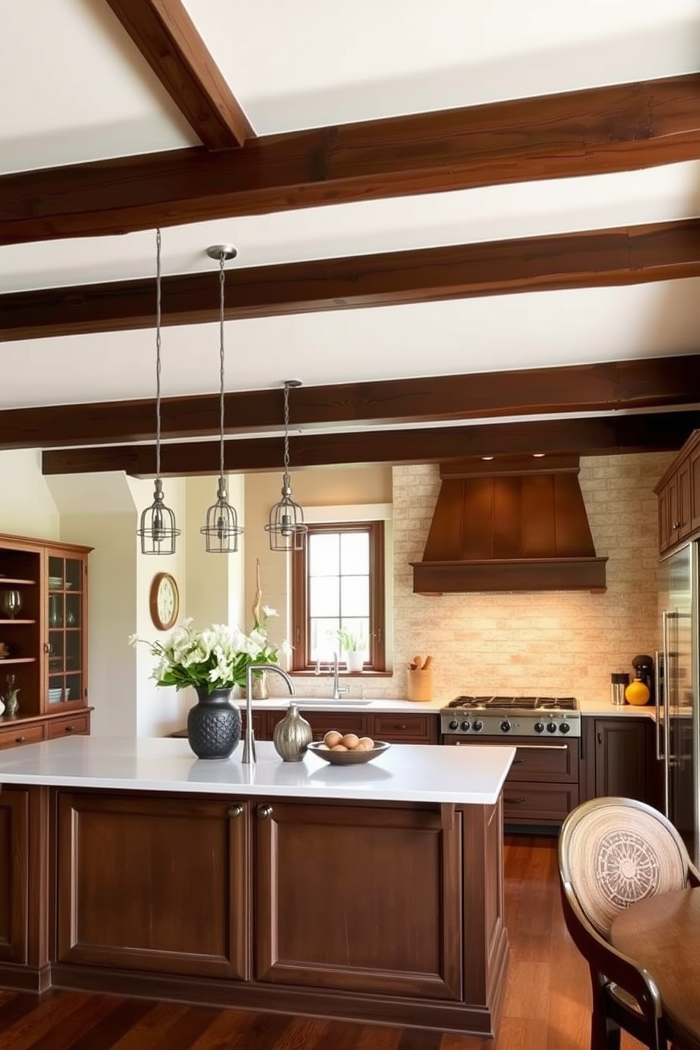 A warm and inviting kitchen featuring creamy beige walls complemented by rich brown trim. The space includes custom cabinetry with a glossy finish, a large farmhouse sink, and a central island topped with a dark wood countertop. Natural light floods the room through large windows adorned with simple linen curtains. The floor is finished in rustic hardwood, and decorative accents include potted herbs and stylish bar stools.