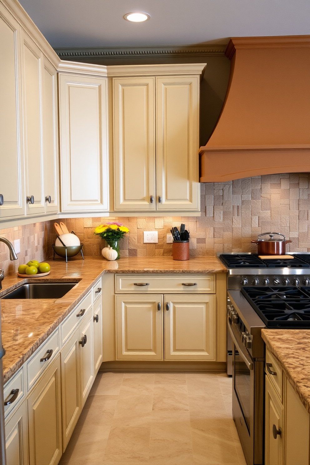 A cozy kitchen setting featuring mixed wood finishes that create warmth and charm. The cabinetry combines light and dark woods, with open shelving showcasing rustic dishware and plants. A large central island with a butcher block top invites gathering and cooking. Pendant lights with a vintage flair hang above, illuminating the space with a soft glow.