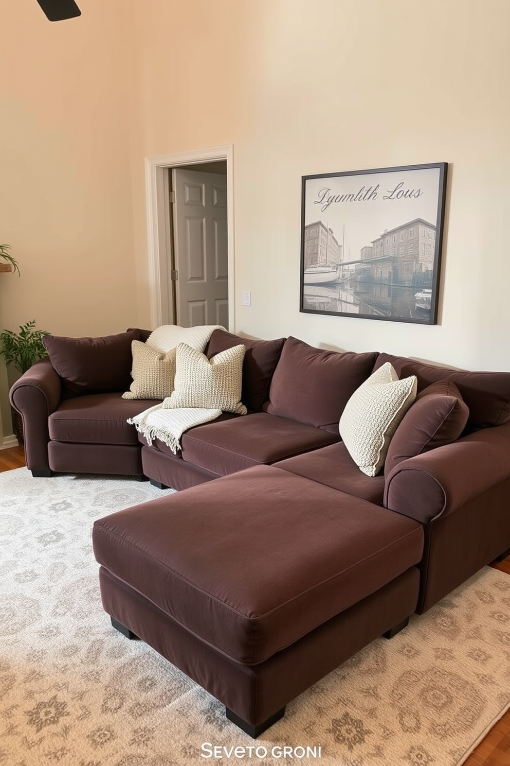 A warm chocolate brown sectional sofa is positioned in a cozy living room, complemented by soft, textured throw pillows in earth tones. The walls are painted a creamy beige, and a large area rug with a subtle geometric pattern anchors the seating area, creating an inviting atmosphere.