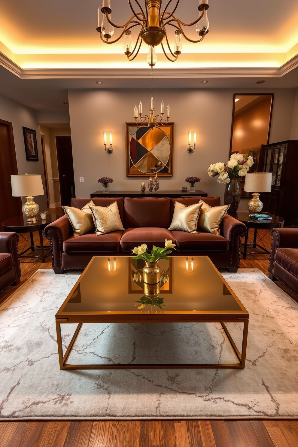 Elegant brown and gold decor accents create a warm and inviting atmosphere in the living room. The space features a plush brown sofa adorned with gold throw pillows, complemented by a sleek gold coffee table at the center. Rich wooden furniture pieces add depth to the design, while soft lighting from elegant gold fixtures enhances the cozy ambiance. A large area rug in neutral tones anchors the seating arrangement, creating a harmonious balance in the room.