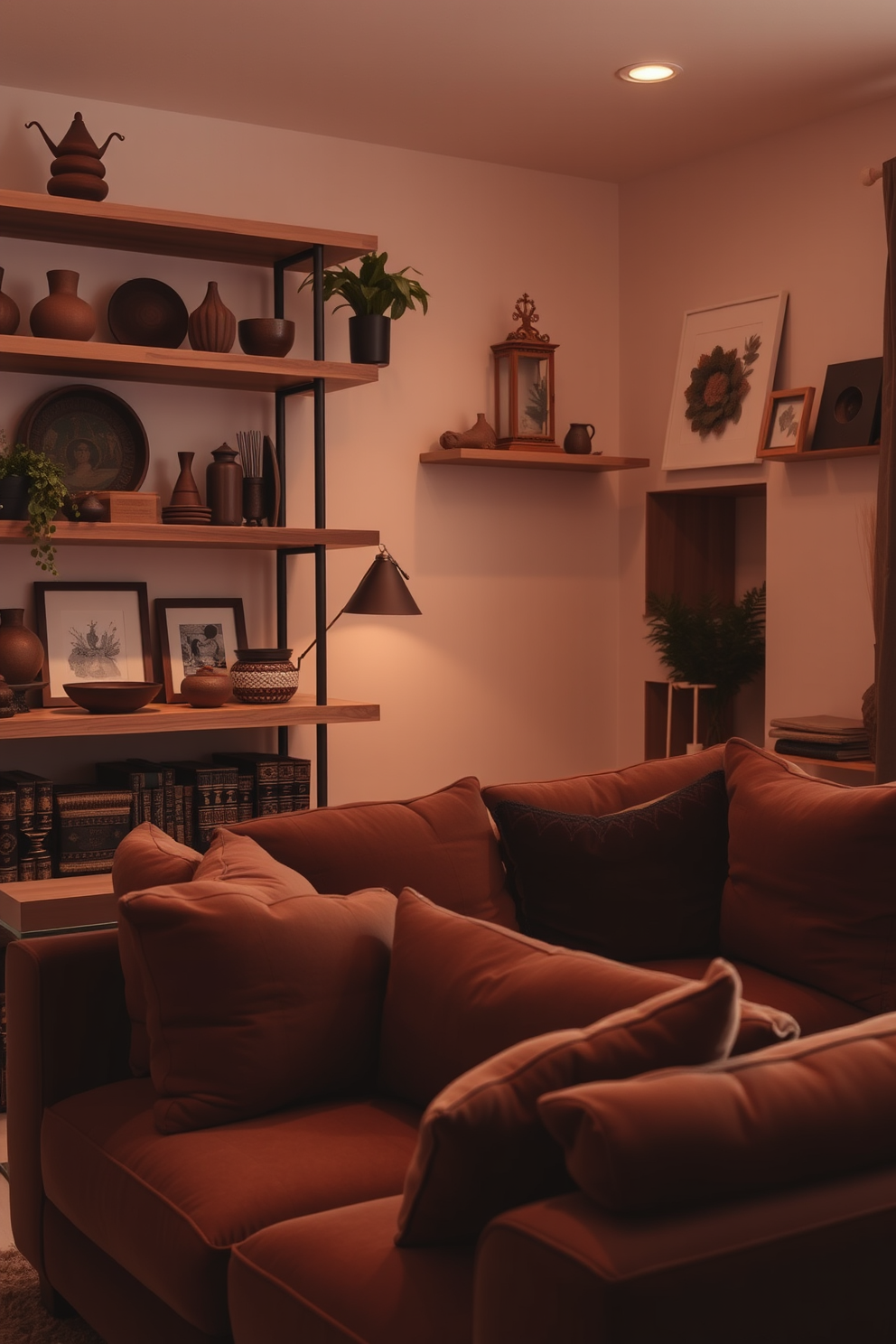 A cozy brown living room filled with natural wood shelves adorned with various brown accessories. The space features a plush brown sofa, complemented by warm lighting that creates an inviting atmosphere.