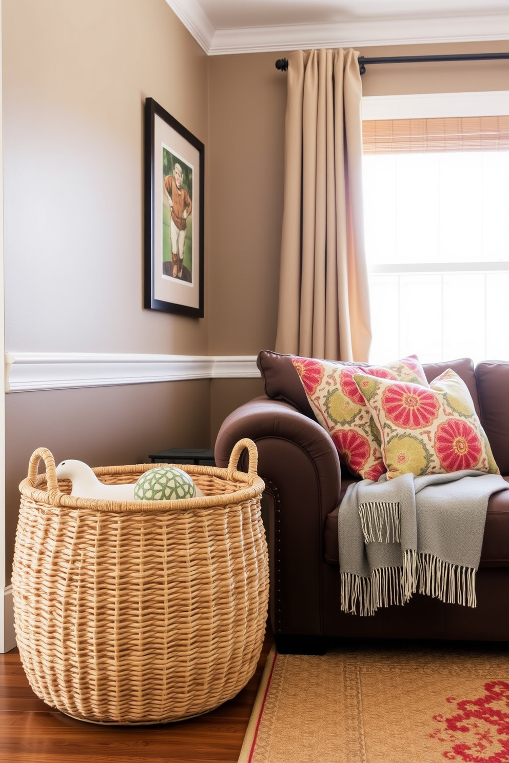 A cozy brown living room design featuring a large woven basket for storage solutions. The basket is placed next to a plush brown sofa adorned with colorful throw pillows.