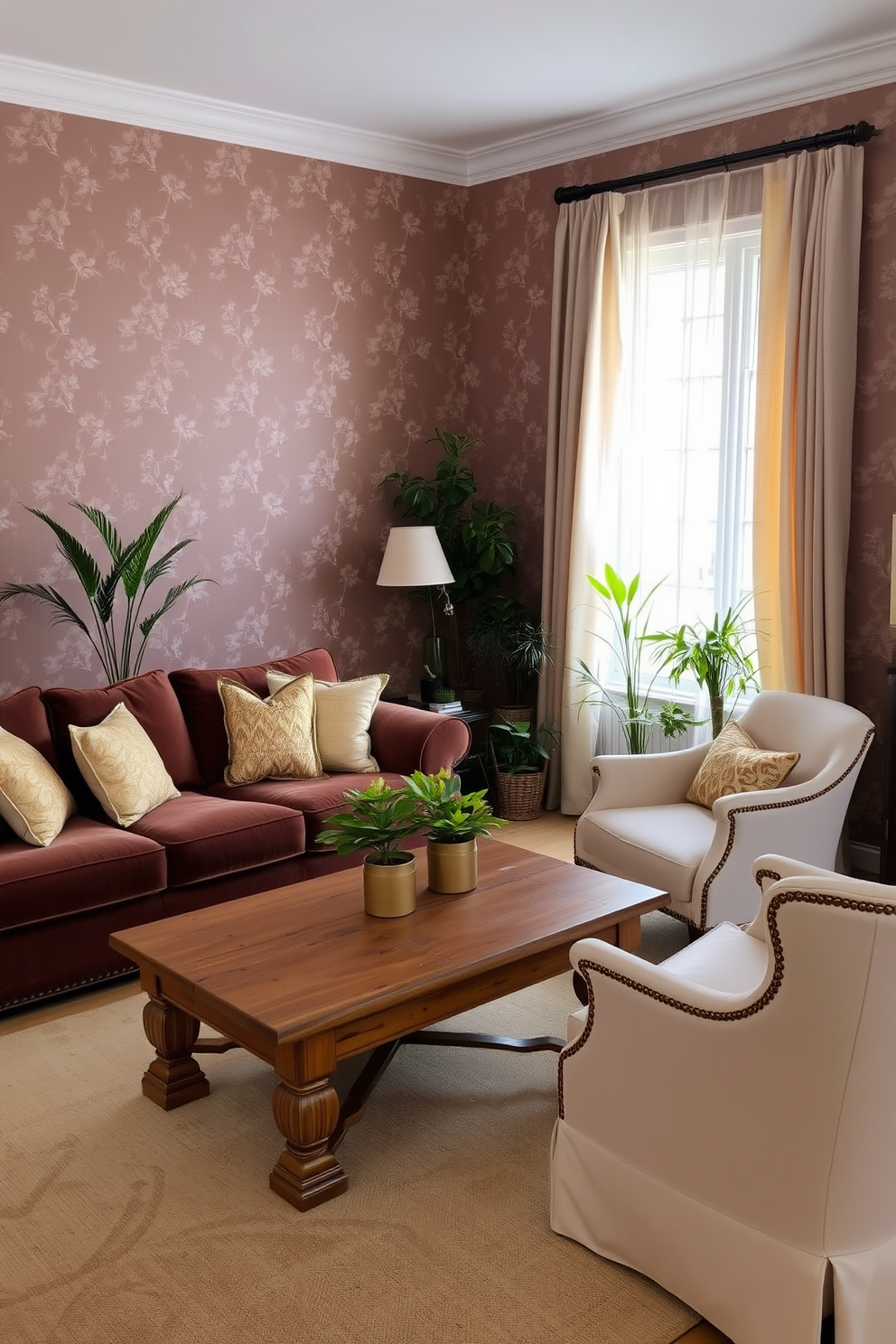 A cozy living room adorned with muted brown wallpaper featuring delicate floral patterns. The space is complemented by a plush brown sectional sofa, accented with cream and gold throw pillows. A rustic wooden coffee table sits at the center, surrounded by a pair of elegant armchairs upholstered in a soft beige fabric. Natural light filters through sheer curtains, illuminating a collection of potted plants placed near the window.