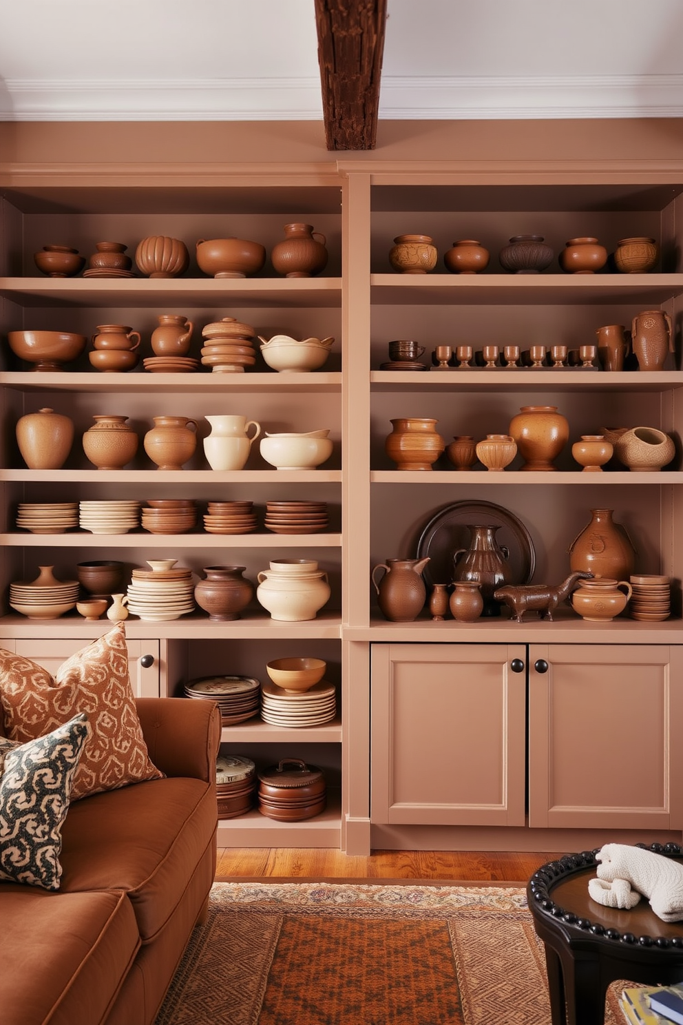 A cozy brown living room filled with open shelving displaying an array of brown ceramic pieces. The shelves are styled with various shapes and sizes of ceramics, creating a warm and inviting atmosphere.