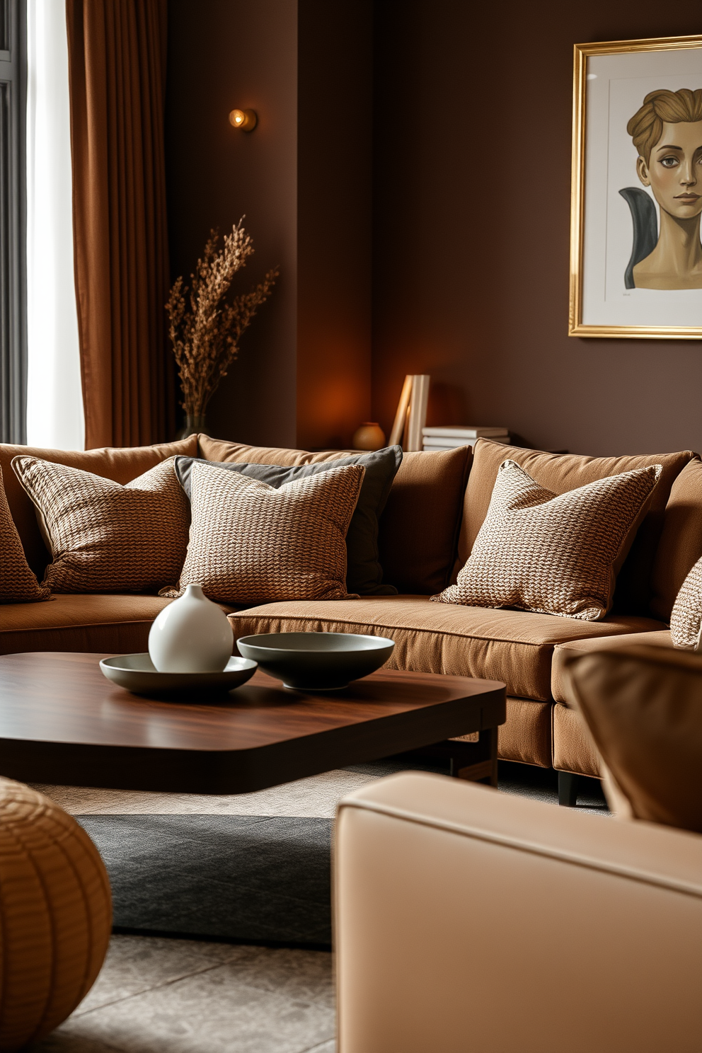 A cozy living room featuring brown woven baskets for stylish storage. The baskets are placed strategically around the room, adding texture and warmth to the space. The room is adorned with rich brown tones, complemented by soft lighting and plush seating. A large area rug anchors the seating arrangement, creating an inviting atmosphere.