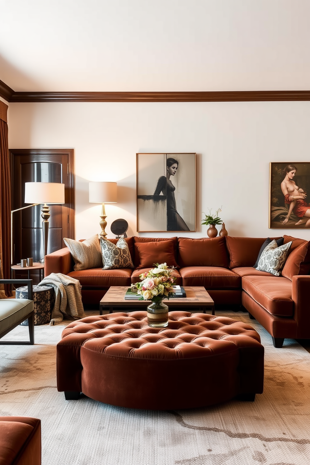 A luxurious living room featuring a brown velvet ottoman as the centerpiece. Surrounding the ottoman are a plush sectional sofa in warm tones and a stylish coffee table made of reclaimed wood. The walls are adorned with elegant artwork that complements the rich color palette. Soft, ambient lighting from chic floor lamps creates a cozy and inviting atmosphere.