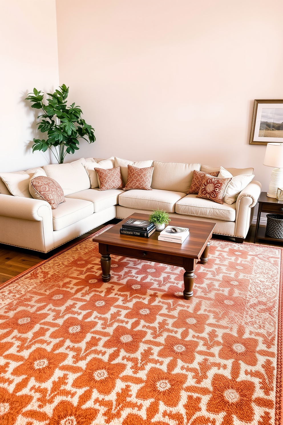 A cozy living room featuring a brown and white patterned area rug that adds warmth to the space. The rug is placed under a plush sectional sofa adorned with neutral throw pillows, creating an inviting atmosphere. The walls are painted in a soft beige tone, enhancing the richness of the brown elements. A wooden coffee table sits at the center, complemented by a few decorative books and a small potted plant.