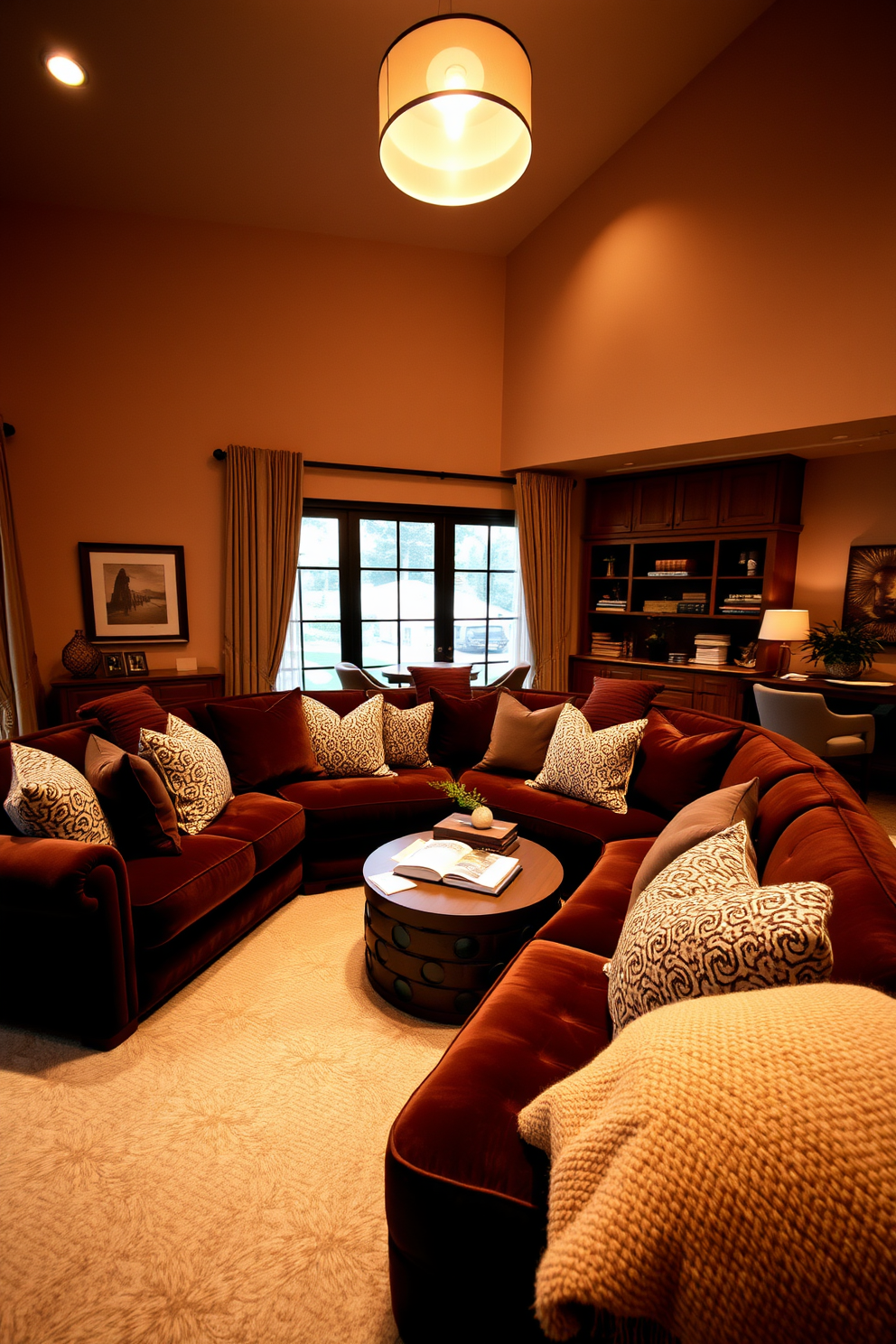 A cozy living room featuring layered lighting that creates a warm and inviting atmosphere. The walls are painted in a rich brown hue, complemented by plush furniture in various shades of brown and cream. Soft ambient lighting is provided by recessed ceiling lights, while stylish floor lamps and table lamps add a touch of elegance. Decorative accents include textured throw pillows and a plush area rug, enhancing the overall warmth of the space.