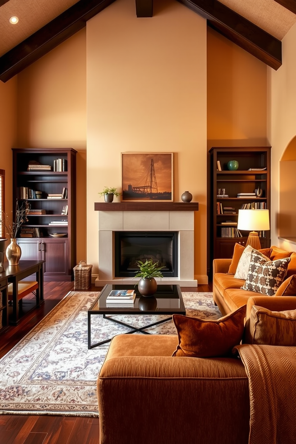 A cozy brown living room features layered brown rugs that add warmth and texture to the space. The furnishings include a plush sectional sofa adorned with colorful throw pillows and a wooden coffee table at the center, creating an inviting atmosphere.