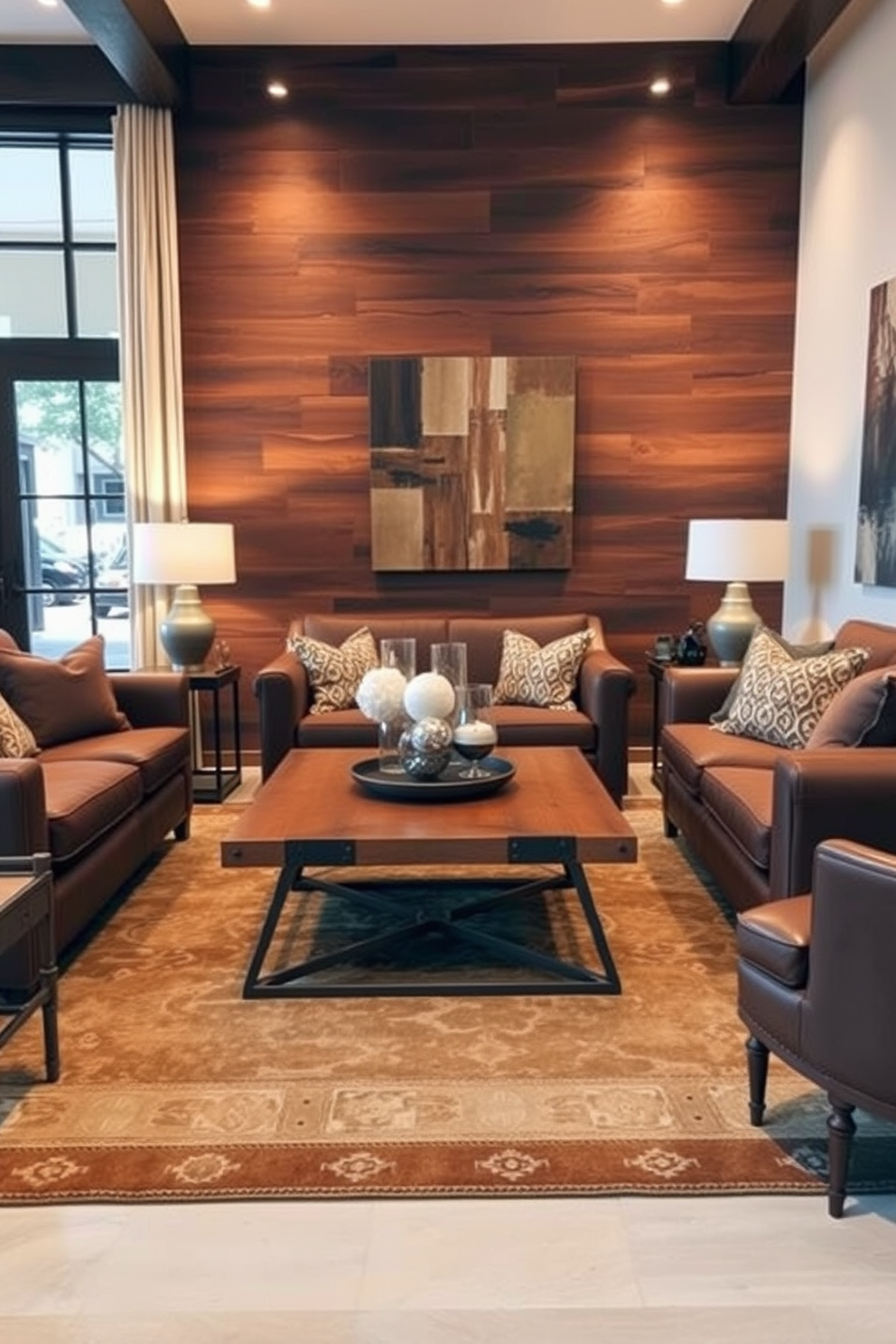 A cozy brown living room featuring a mix of rich brown wood and sleek metal furniture. The space includes a large wooden coffee table with a metal base surrounded by plush brown sofas and accent chairs. Warm lighting from stylish floor lamps enhances the inviting atmosphere. Decorative elements like a large area rug and wall art in earthy tones complete the design.