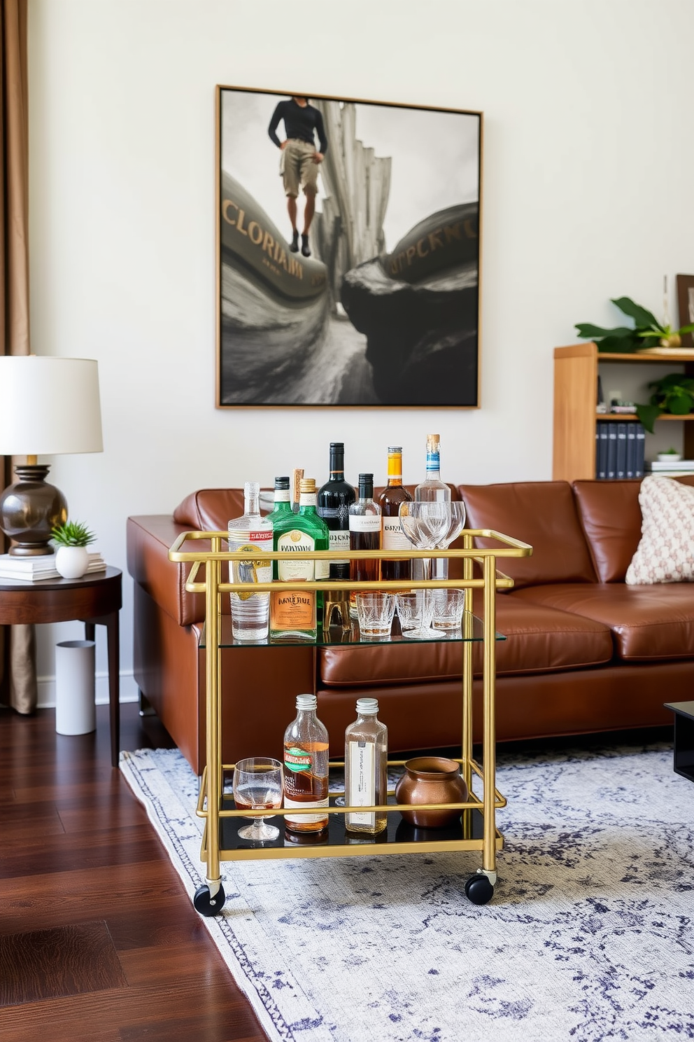 A stylish brown bar cart for entertaining. The cart features a sleek design with gold accents and is stocked with a variety of spirits and glassware. Brown living room design ideas. The space showcases a rich brown leather sofa paired with warm wood accents and layered textures for a cozy atmosphere.