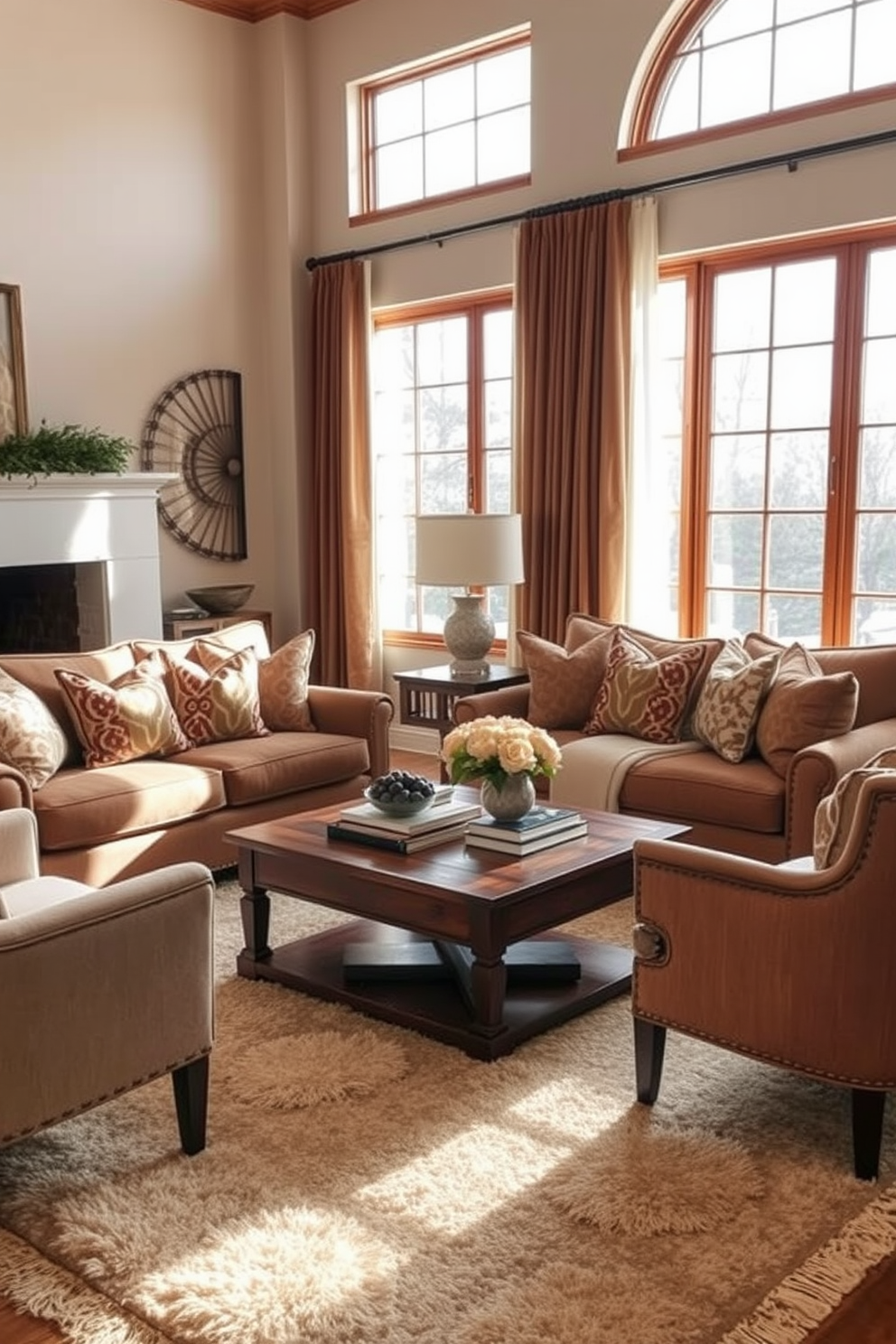 A cozy living room featuring layered textiles in various shades of brown. The space includes a plush brown sofa adorned with patterned throw pillows and a soft area rug that complements the color palette. Natural light streams in through large windows, highlighting the rich textures of the curtains and upholstery. A wooden coffee table sits in the center, surrounded by accent chairs that enhance the warm, inviting atmosphere.