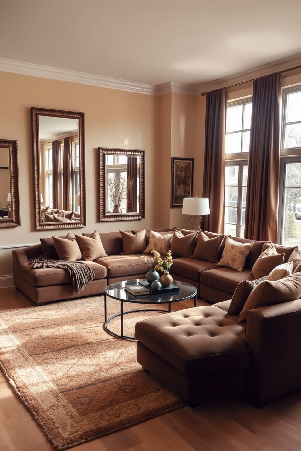 A cozy brown living room design featuring a large sectional sofa adorned with plush cushions in warm earth tones. The walls are painted a soft beige, with brown framed mirrors strategically placed to enhance the sense of space and light. A stylish coffee table sits in the center, surrounded by a mix of textured rugs that add depth to the room. Floor-to-ceiling curtains in a rich chocolate hue frame the windows, allowing natural light to filter through while maintaining privacy.