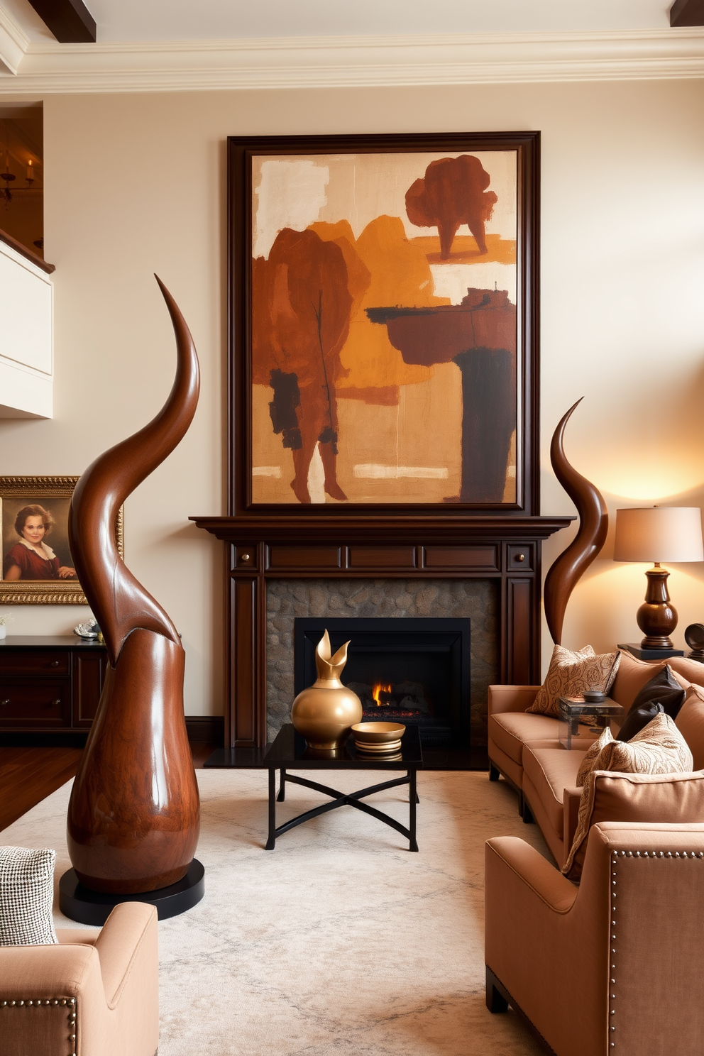 A cozy living room featuring a dark brown hardwood floor that contrasts beautifully with light-colored furniture. A plush beige sofa is centered in the room, accented by soft throw pillows in earthy tones. A sleek coffee table made of light wood sits in front of the sofa, surrounded by stylish armchairs that invite relaxation. Large windows allow natural light to flood the space, highlighting the warm tones of the decor.